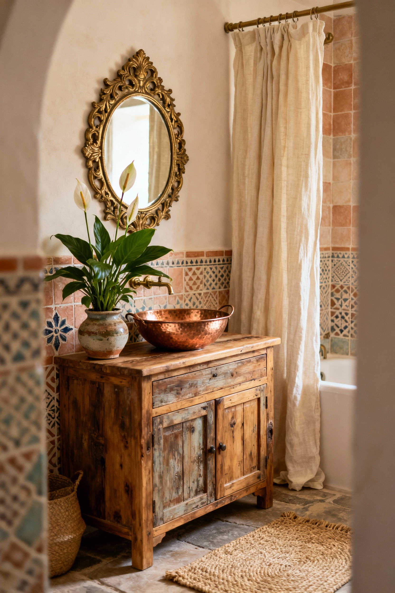 A bohemian wellness bathroom with a vintage wood vanity, brass mirror, peace lily, and Moroccan Zellige tiles, illuminated by soft natural light.