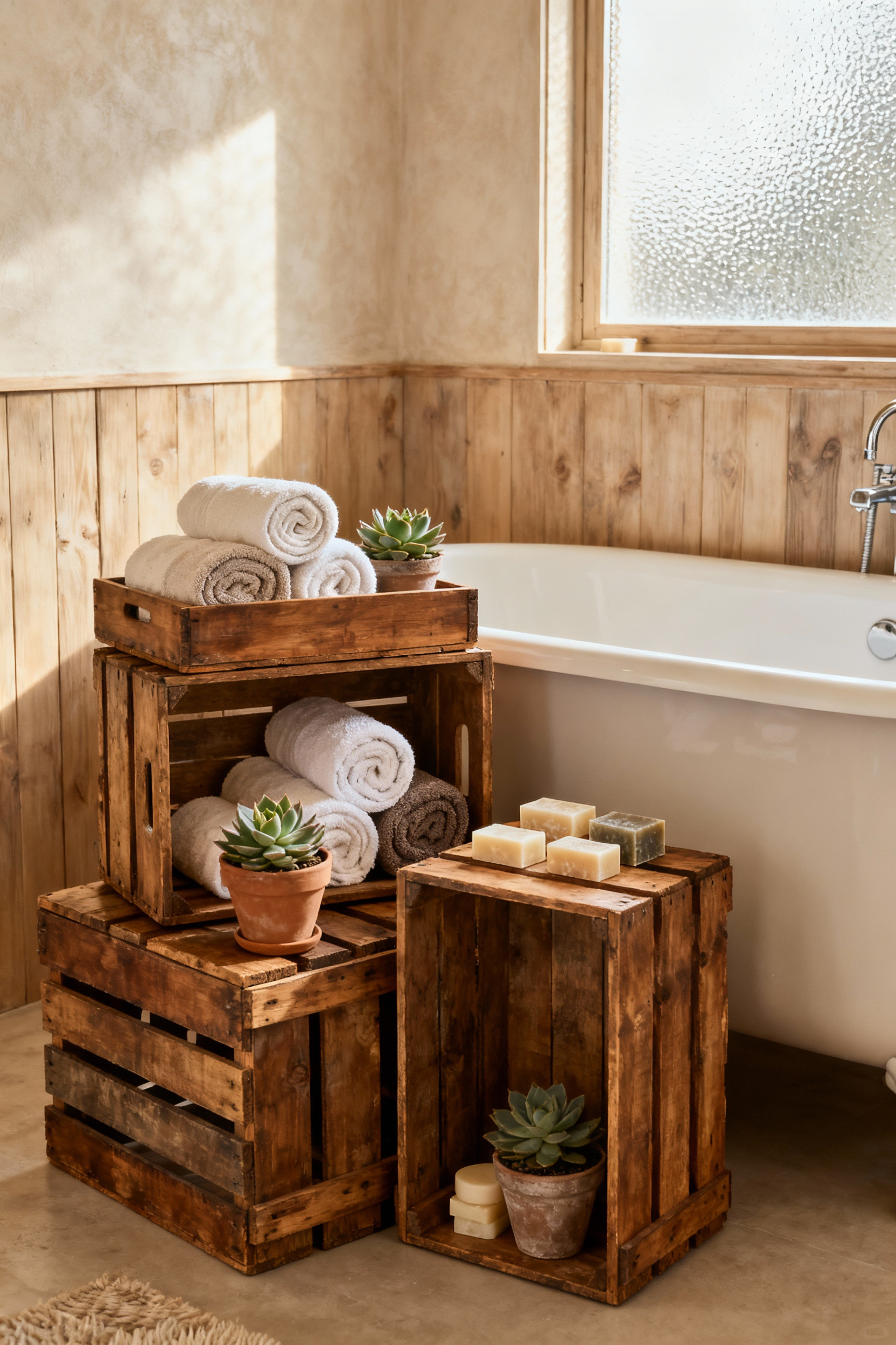 A bohemian bathroom with stacked, repurposed wooden crates holding towels and plants, showcasing eclectic storage with found objects.