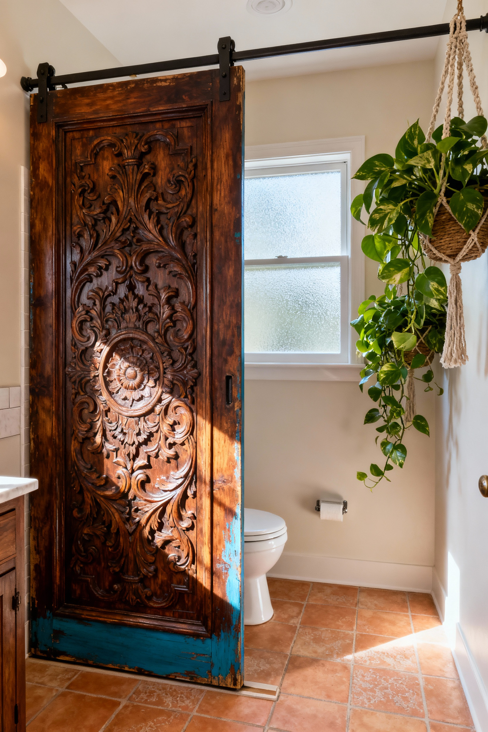 Bohemian bathroom featuring a structurally integrated, intricately carved Victorian wooden panel used as a decorative sliding partition, with lush Pothos plants and terracotta tiles, bathed in natural light.