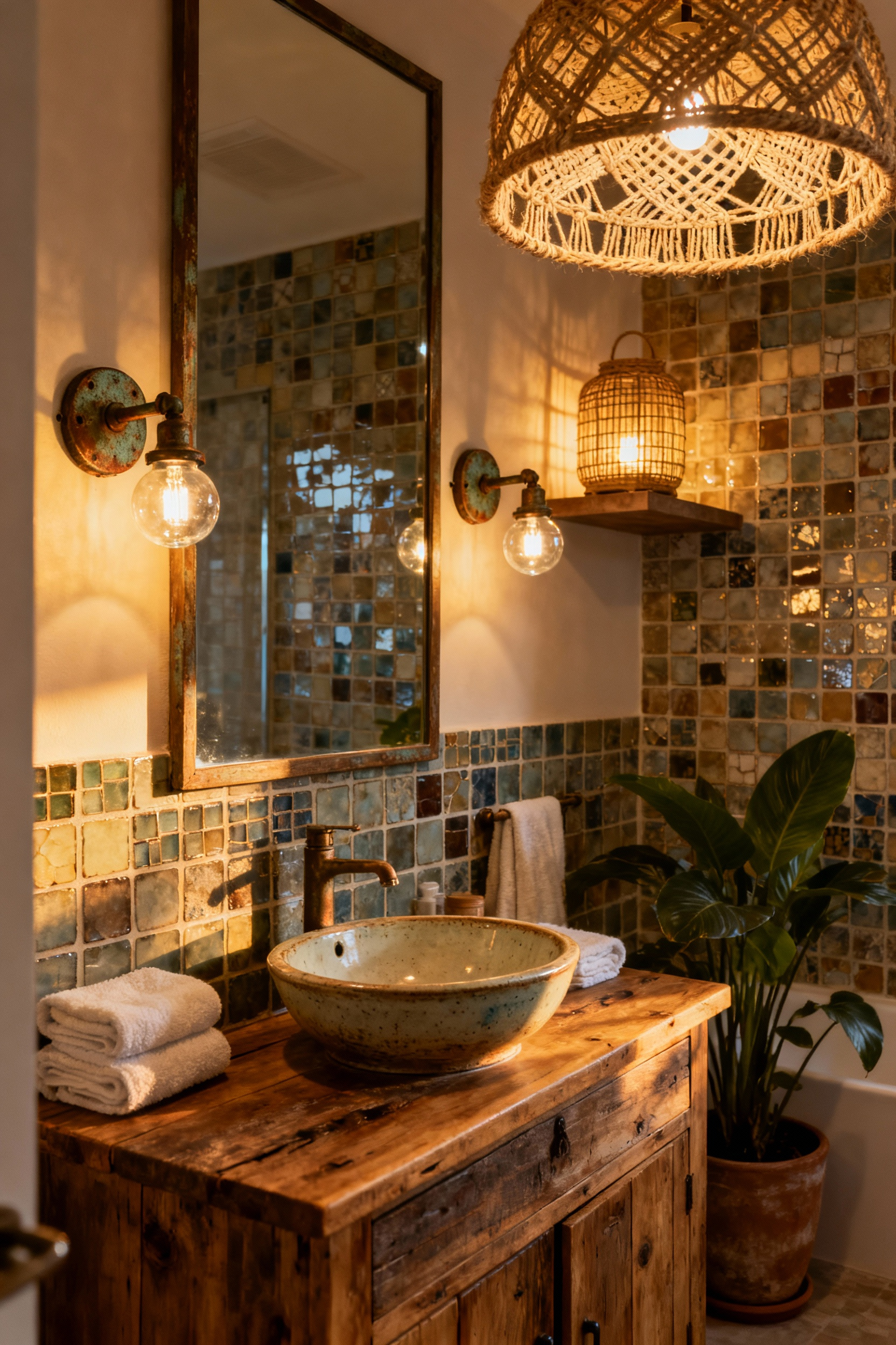 Bohemian bathroom with layered lighting, featuring a macrame pendant, patinated metal sconces, and a rattan lantern over a salvaged wood vanity and ceramic sink.