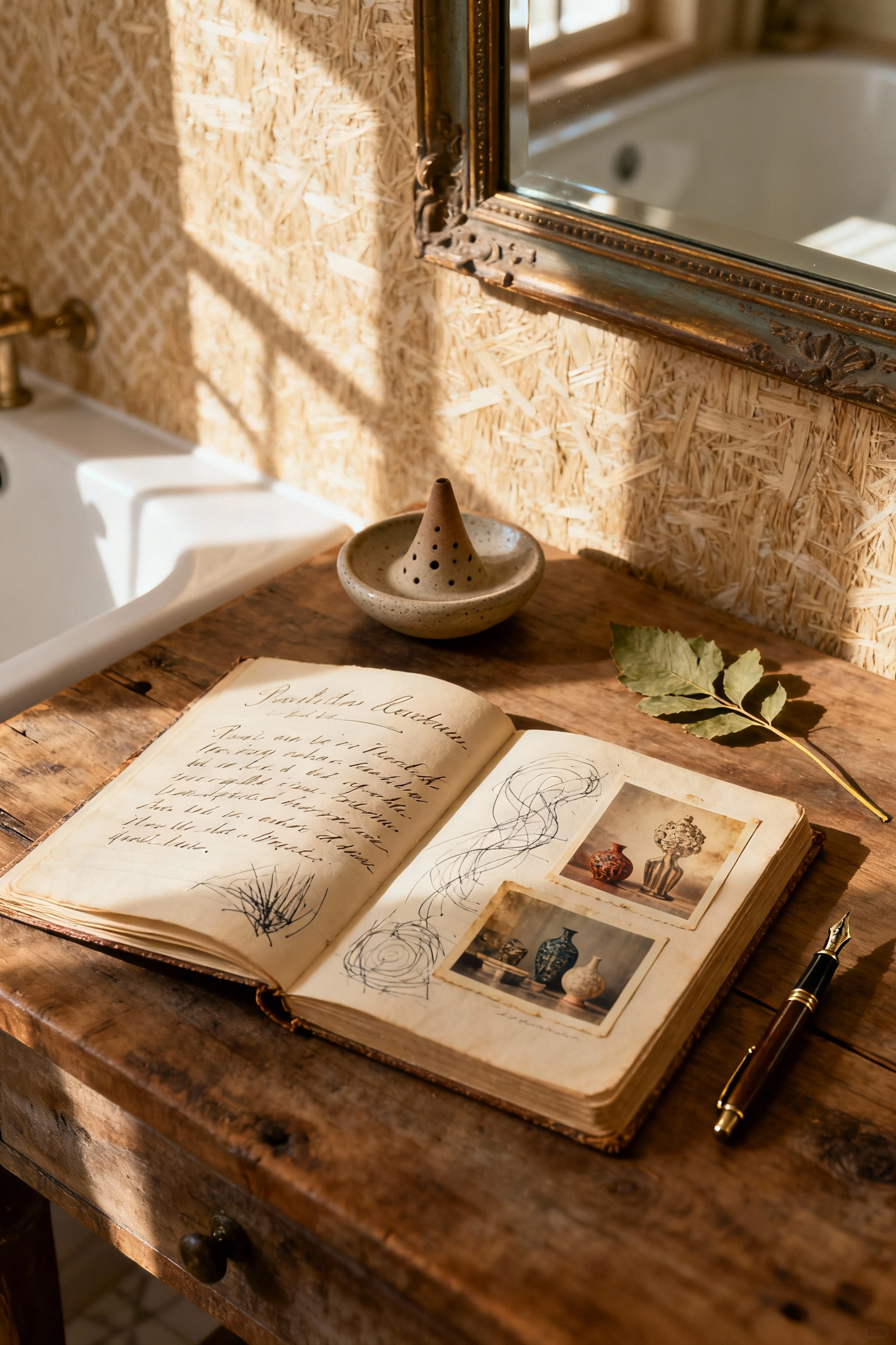 A cozy bohemian bathroom corner with an open journal showcasing documented decor stories, artisanal ceramics, and a dried botanical under soft natural light, reflecting the evolving personal heritage of the space.