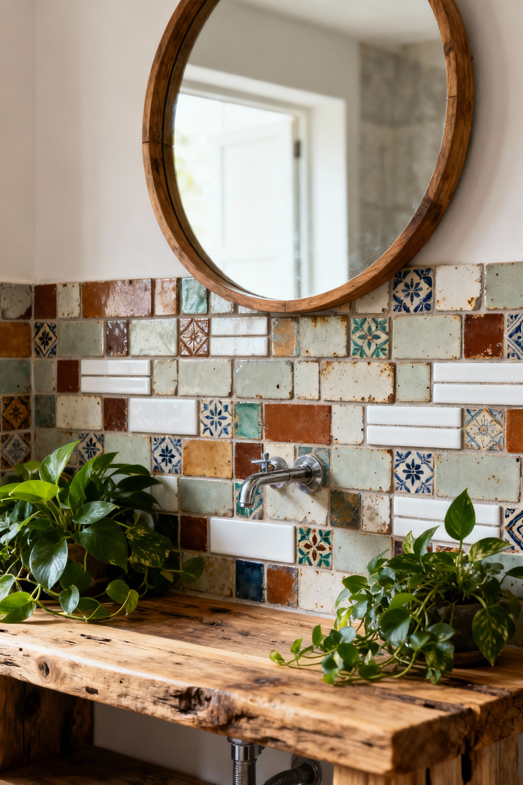 Bohemian bathroom vanity with a bespoke tile arrangement featuring a mix of salvaged encaustic, zellige, and subway tiles, reflecting rustic and eclectic design.