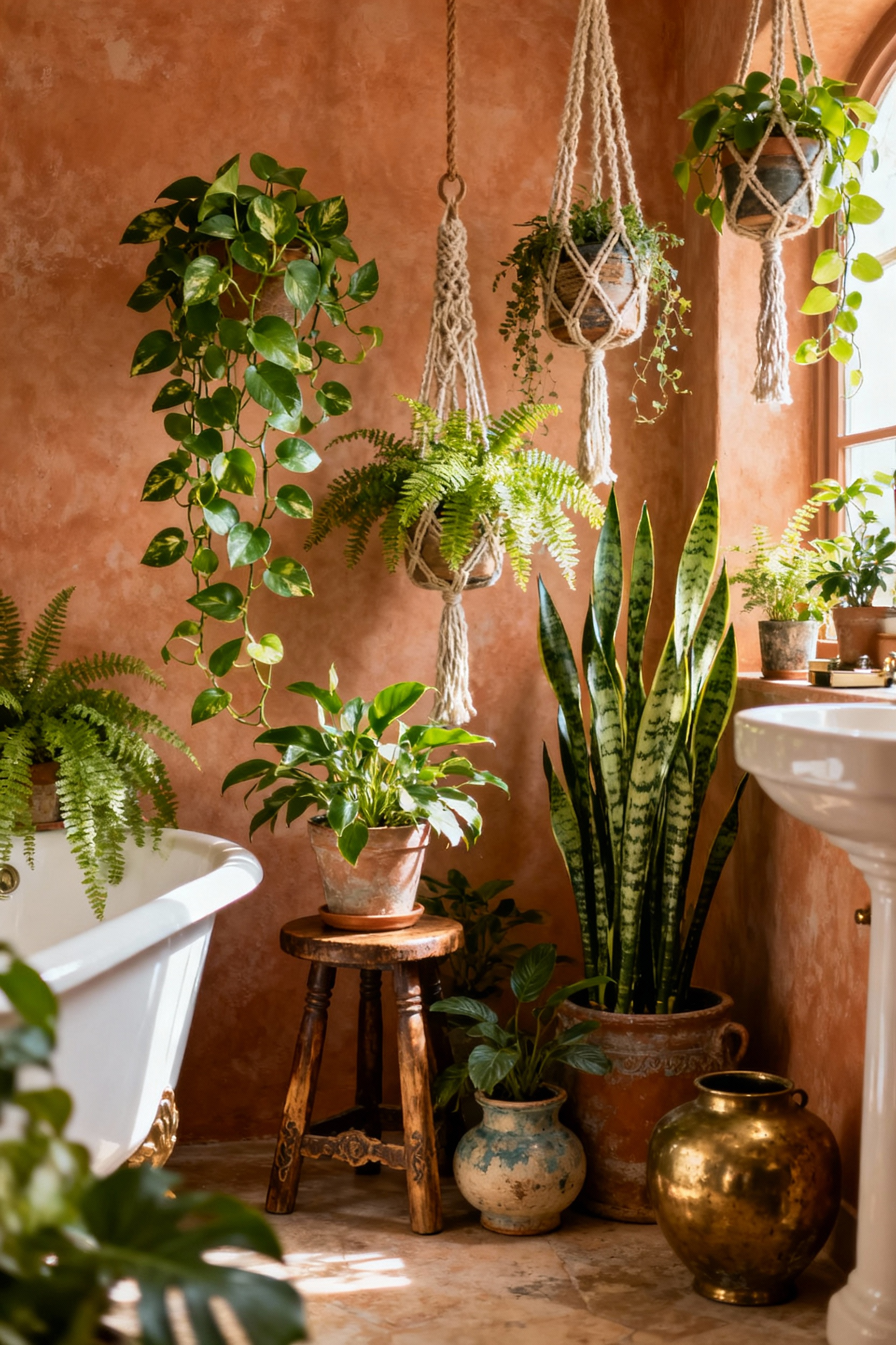Bohemian bathroom with diverse lush green plants in macrame hangers, vintage pots, and on an antique stool, bathed in soft natural light.