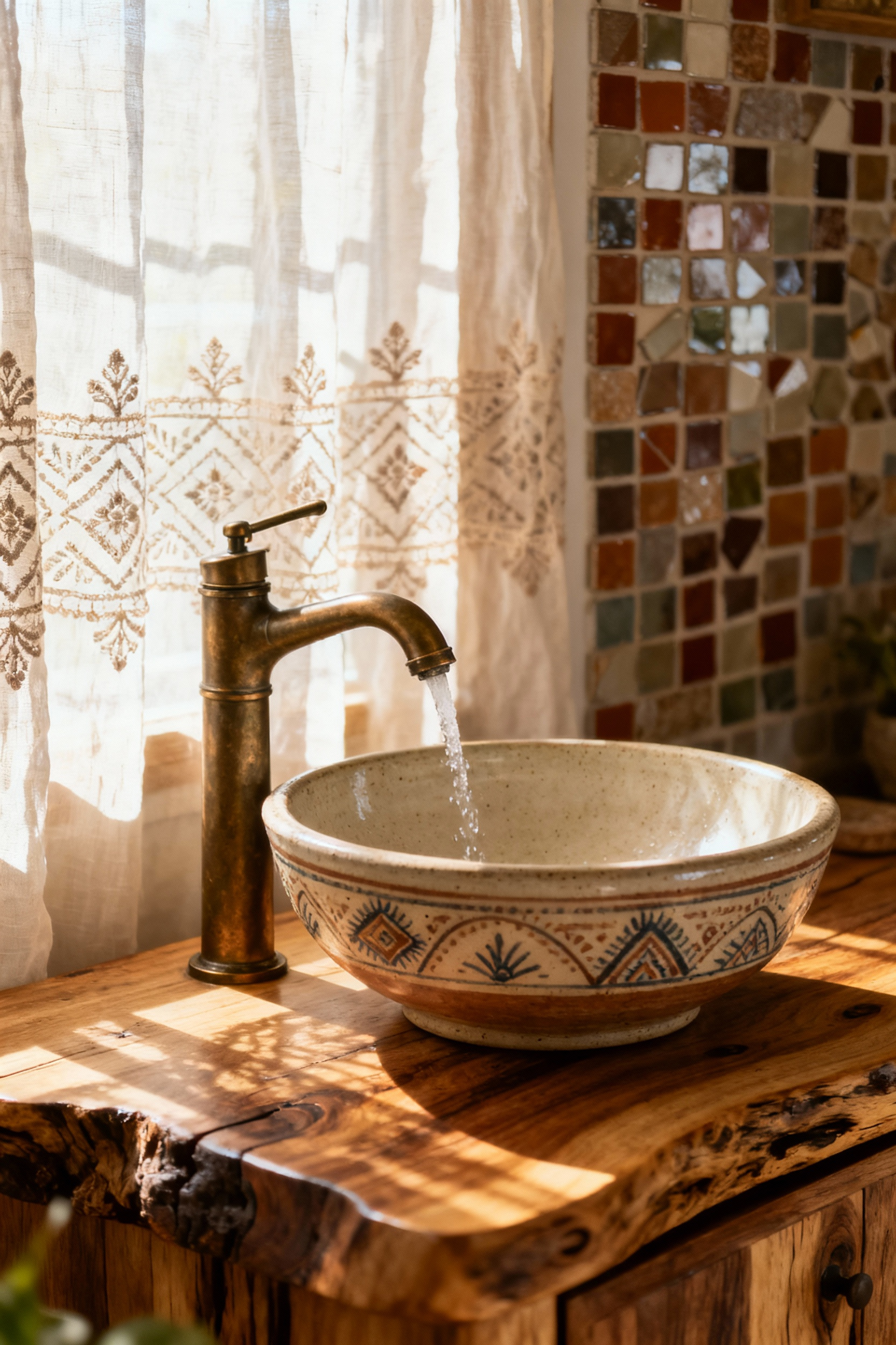 A close-up of a bohemian bathroom vanity with a low-flow antique-style bronze faucet, artisan ceramic vessel sink, and reclaimed wood countertop, demonstrating water-saving eco-luxe design.