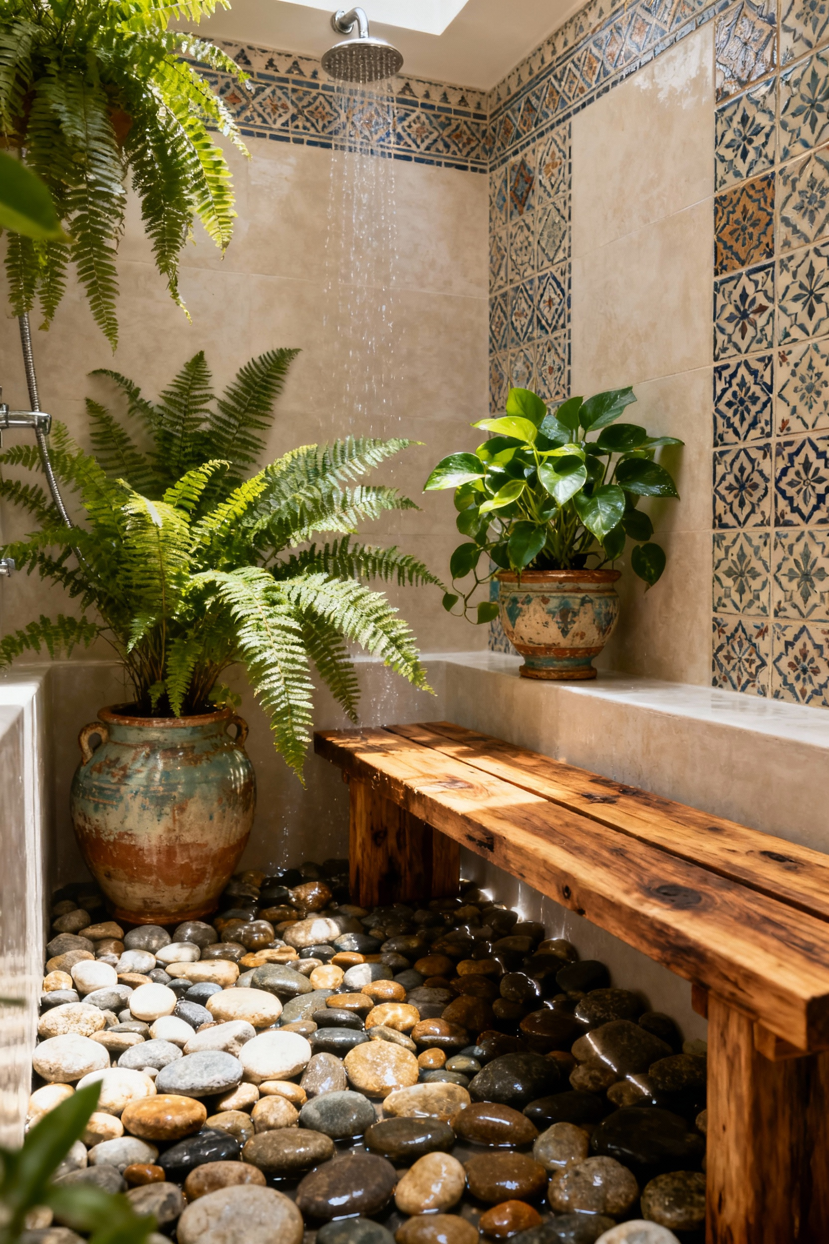 Bohemian open sensory shower with river pebbles, teak bench, zellige tiles, and plants, creating a tranquil sanctuary.