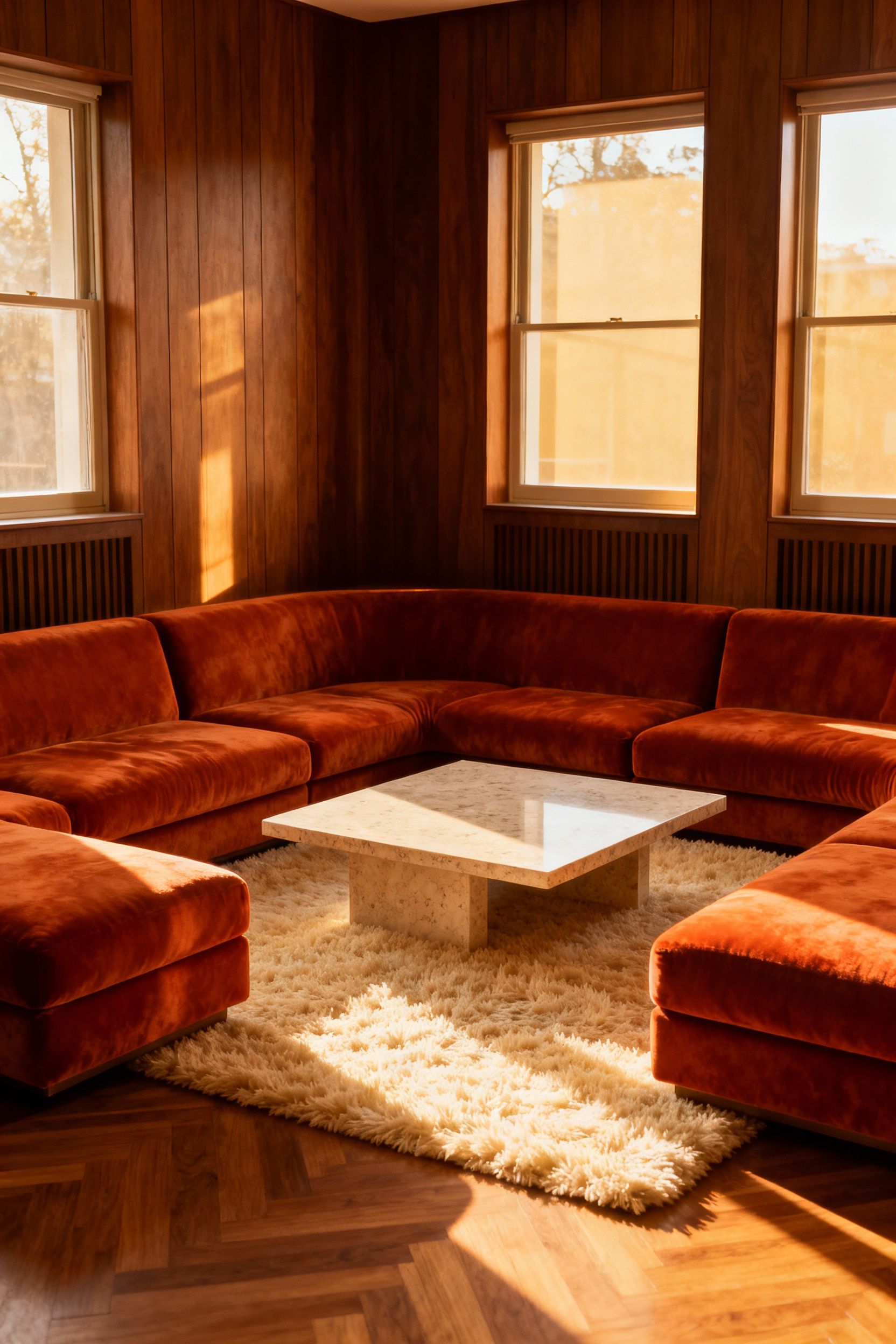 A low-profile, modular burnt-orange velvet sofa arranged in a U-shape, pulled away from the walls to create an intimate, 1970s-style conversation pit layout.