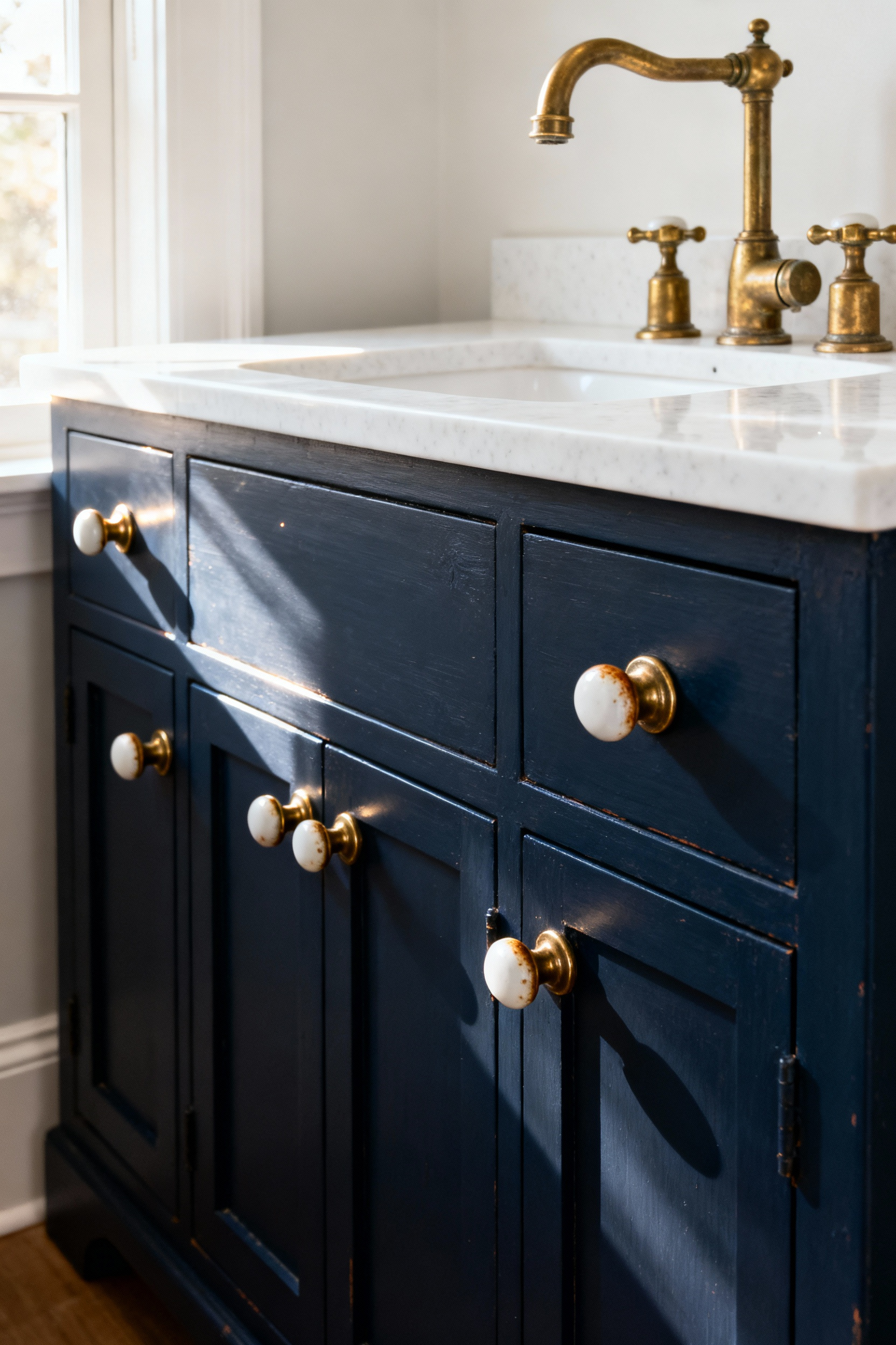Upcycled deep charcoal bathroom vanity featuring antique unlacquered brass pulls and contrasting white ceramic knobs, showcasing a sophisticated salvaged hardware makeover.