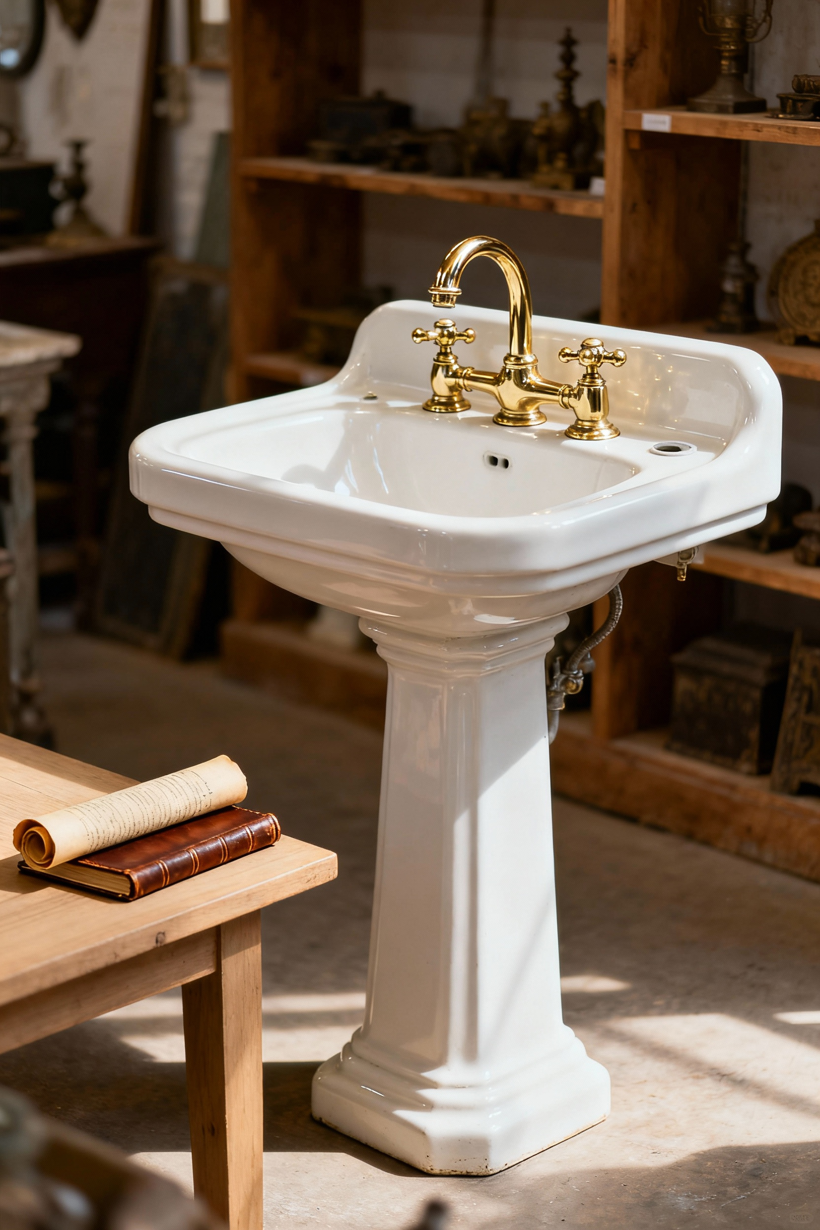 A beautifully restored antique white porcelain pedestal sink with shining brass fixtures, displayed in a well-lit, elegant setting that suggests an architectural salvage workshop. An old document hinting at its history and provenance lies nearby. The image captures the timeless craftsmanship and intricate details of the vintage bathroom fixture.