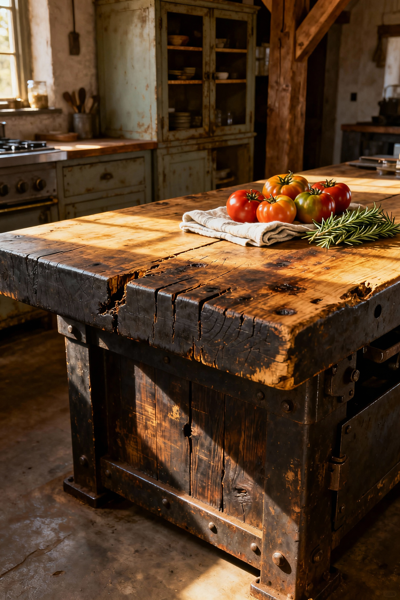 A massive, rustic antique industrial workbench, heavily scarred, repurposed as a butcher block kitchen island centerpiece in a sunlit farmhouse kitchen.