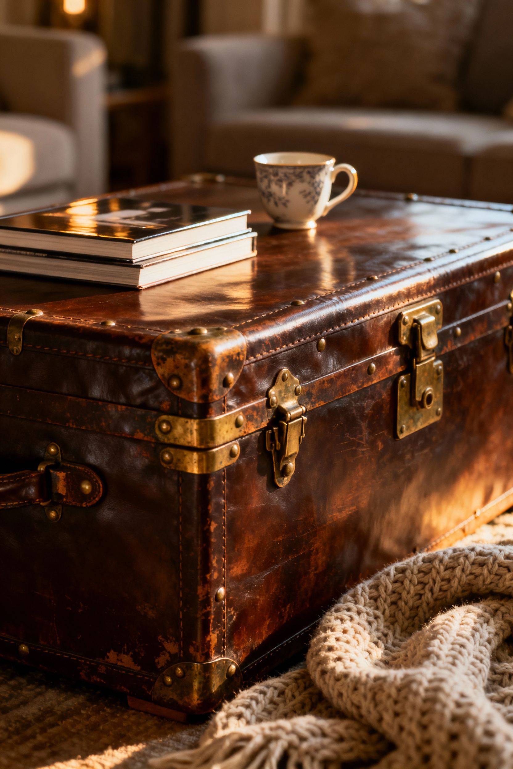 Antique steamer trunk used as a coffee table, showing worn dark leather, tarnished brass hardware, and styled with coffee books in a cozy, soft-lit living room.