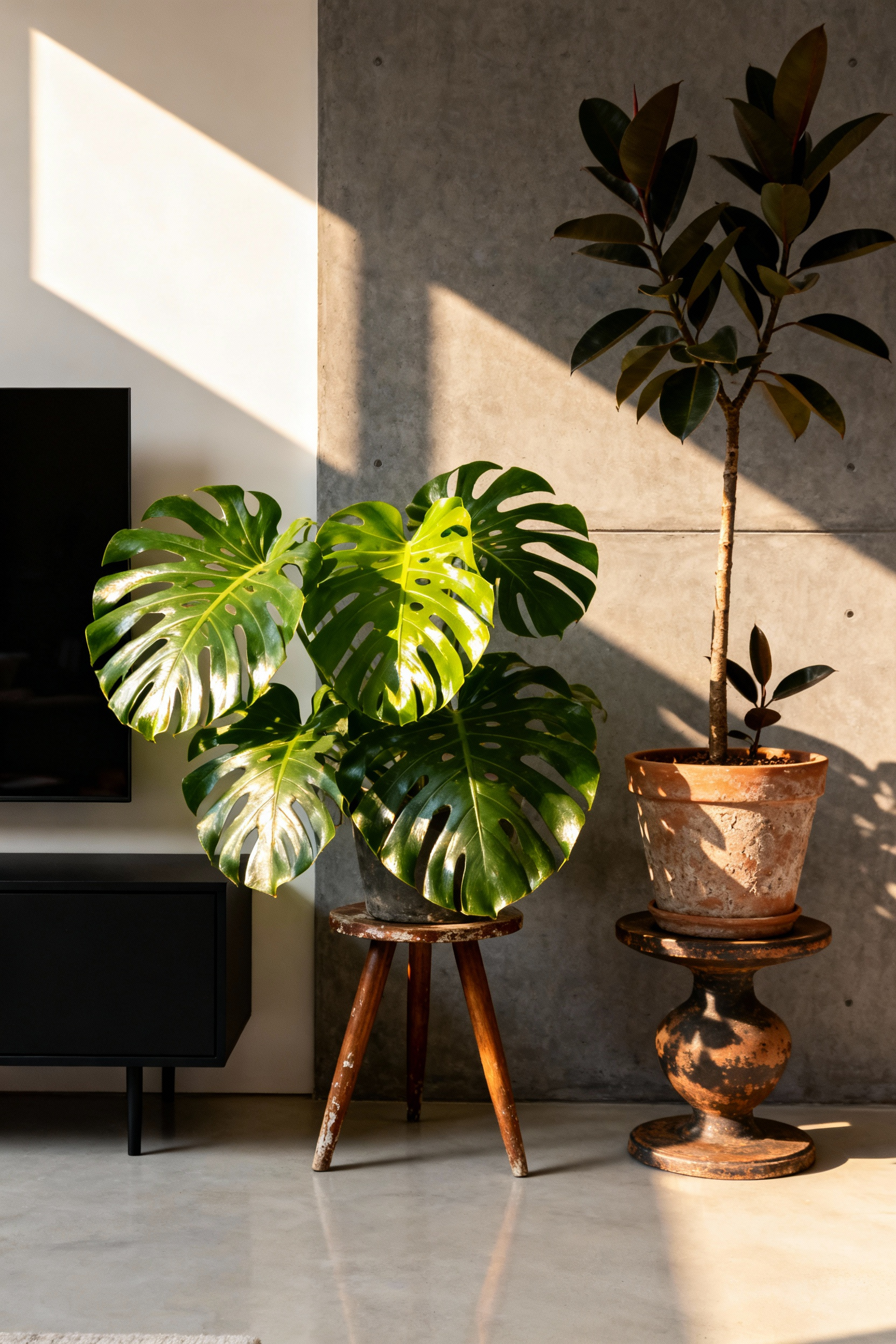 Large Monstera Deliciosa and Rubber Tree plants on mid-century teak stands softening the sharp, industrial corner of a matte black cabinet in a minimalist living room.