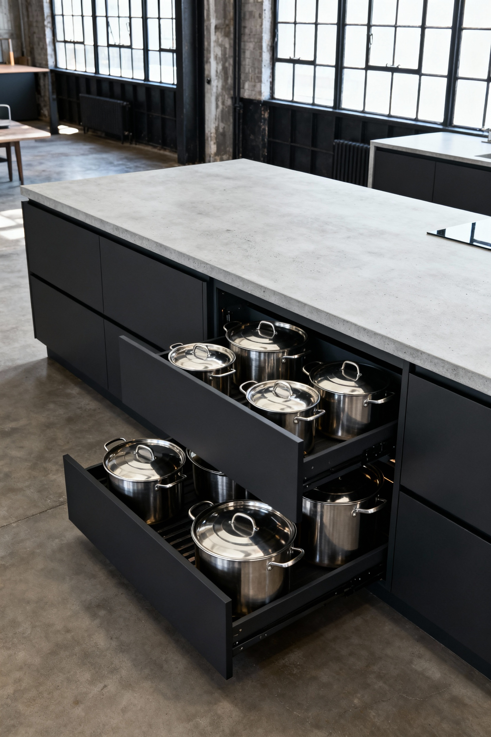 Massive, matte black kitchen island with wide, deep drawers open, showcasing organized storage of cast iron and stainless steel cookware designed for easy access, emphasizing functional cabinetry design.