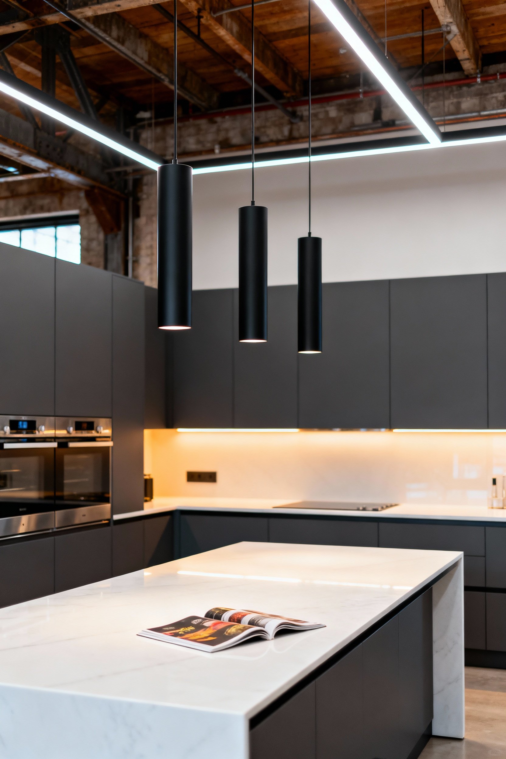 A photograph of three black cylindrical pendant lights perfectly positioned 32 inches above a white quartz kitchen island, demonstrating proper suspension height for task lighting.