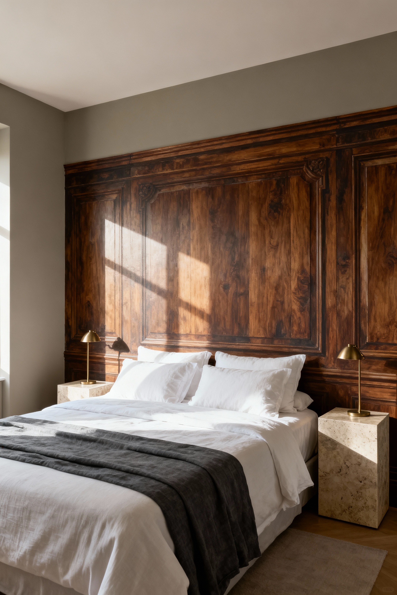 Master bedroom design utilizing trompe-l'oeil wallpaper to simulate antique walnut wood paneling behind the bed, creating a sophisticated architectural headboard illusion.