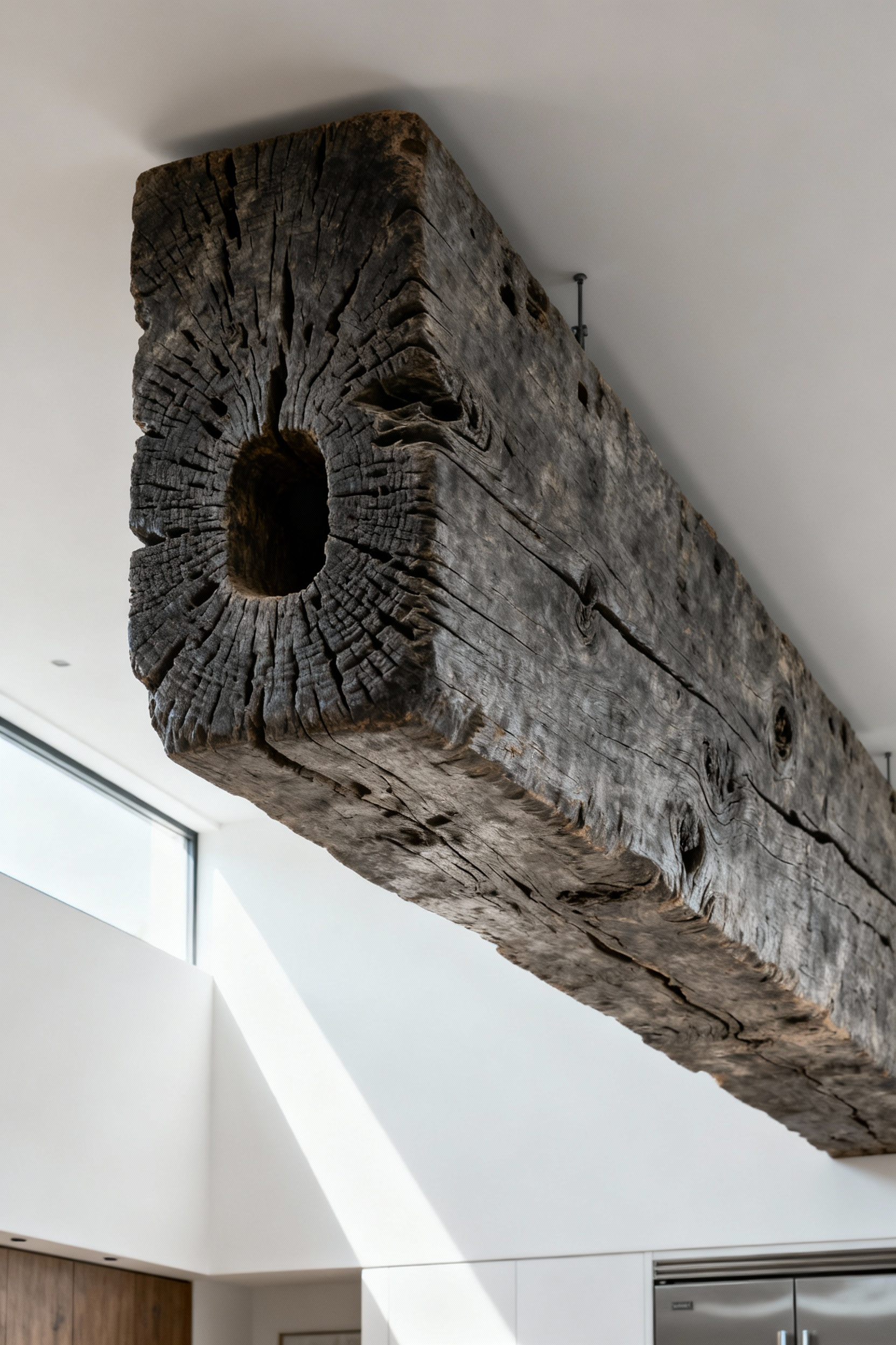 Ultra-close-up of a massive, grey weathered reclaimed timber beam showing deep adze marks and an empty mortise pocket, grounding a modern, open-concept rustic kitchen design.