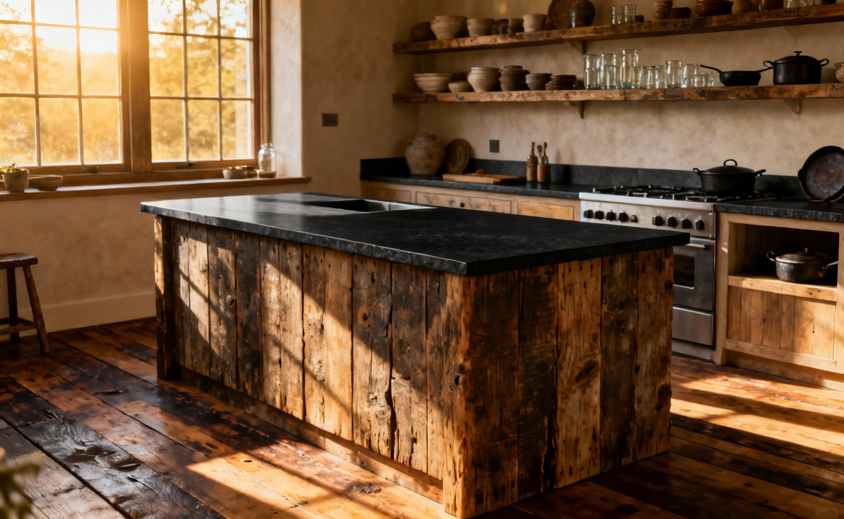 Authentic rustic kitchen interior featuring a massive island made of reclaimed wood, dark soapstone countertops, and warm golden lighting, emphasizing durable, aged materials and traditional resourcefulness.