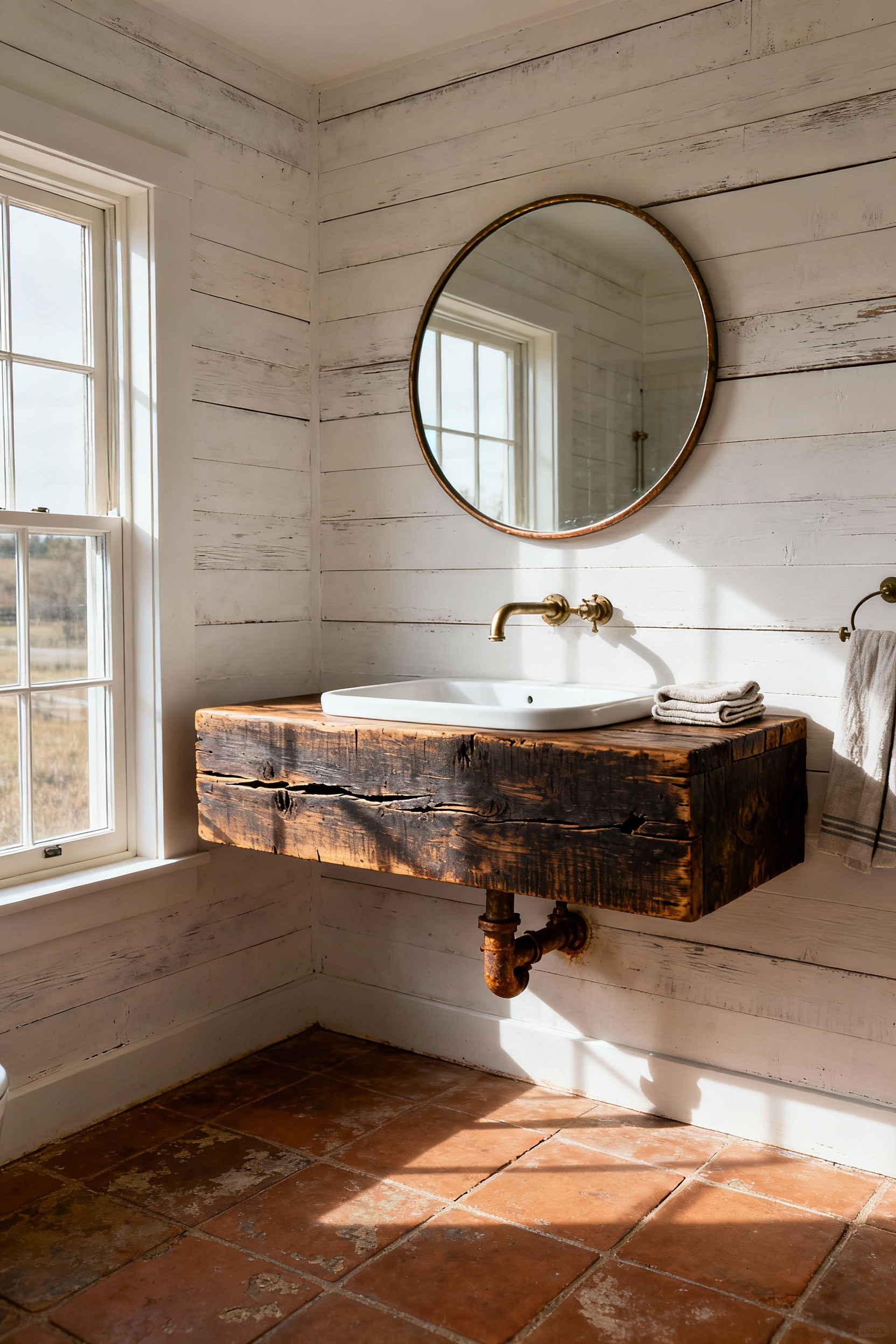 Authentic country bathroom featuring a vanity made of dark reclaimed wood, a white sink, and naturally tarnished unlacquered brass fixtures, illuminated by warm daylight.
