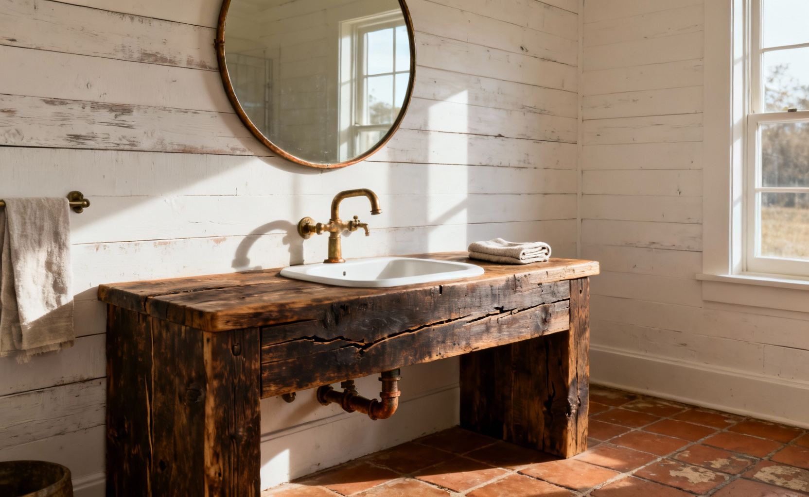 Authentic country bathroom featuring a vanity made of dark reclaimed wood, a white sink, and naturally tarnished unlacquered brass fixtures, illuminated by warm daylight.