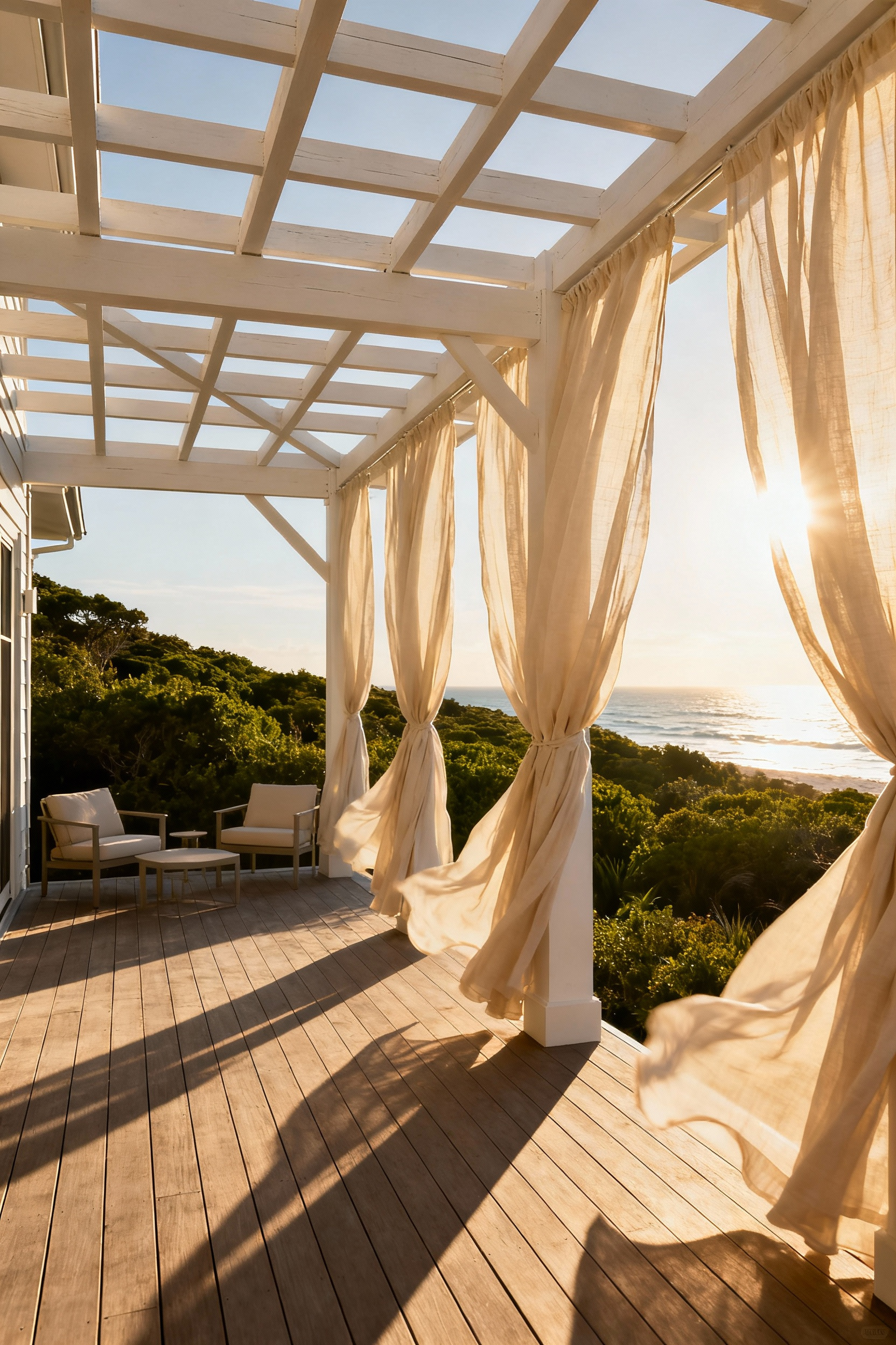 White timber back porch pergola draped with sheer, flowing ecru linen curtains that catch the light and the breeze, softening the hard lines of the architectural structure on a sunny day.