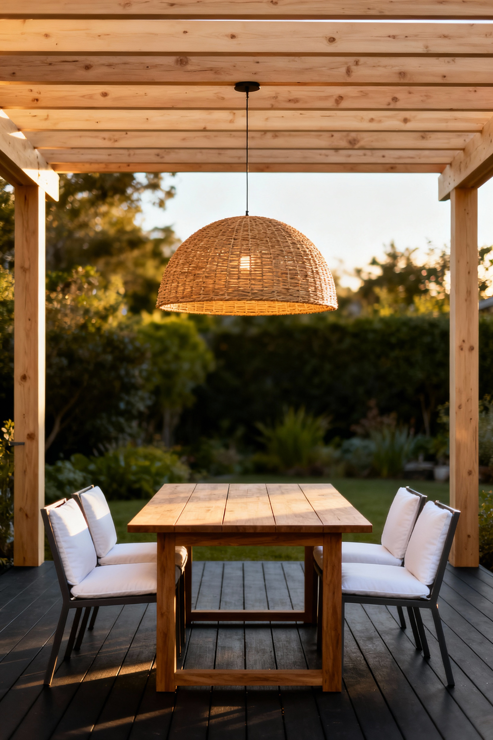 Oversized woven rattan pendant light fixture hanging centrally under a wooden back porch pergola over a teak outdoor dining table, providing a visual vertical anchor.