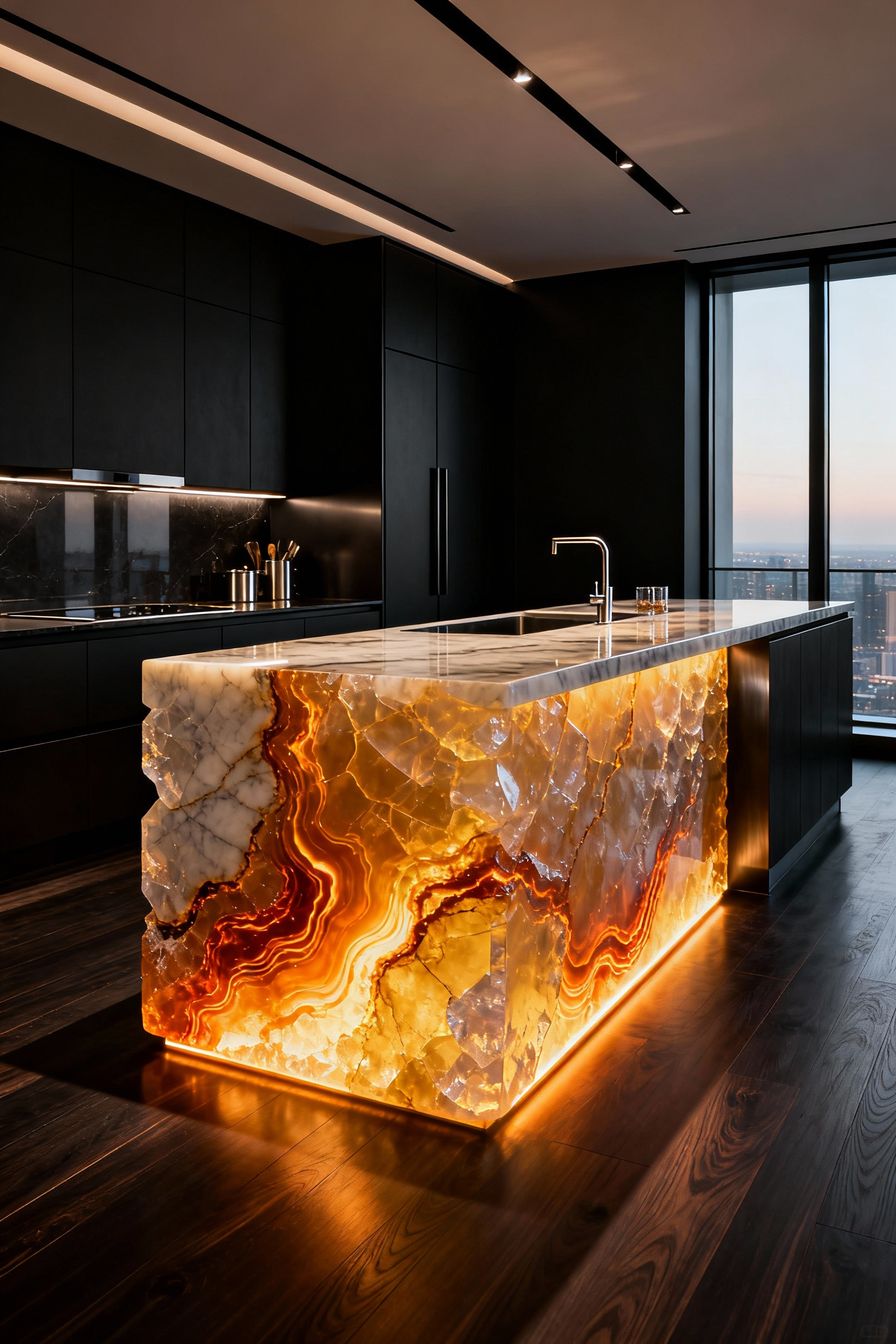 Luminous luxury kitchen island featuring a dramatically backlit panel of amber-hued Cristallo Quartzite stone glowing intensely against a dark, modern interior.