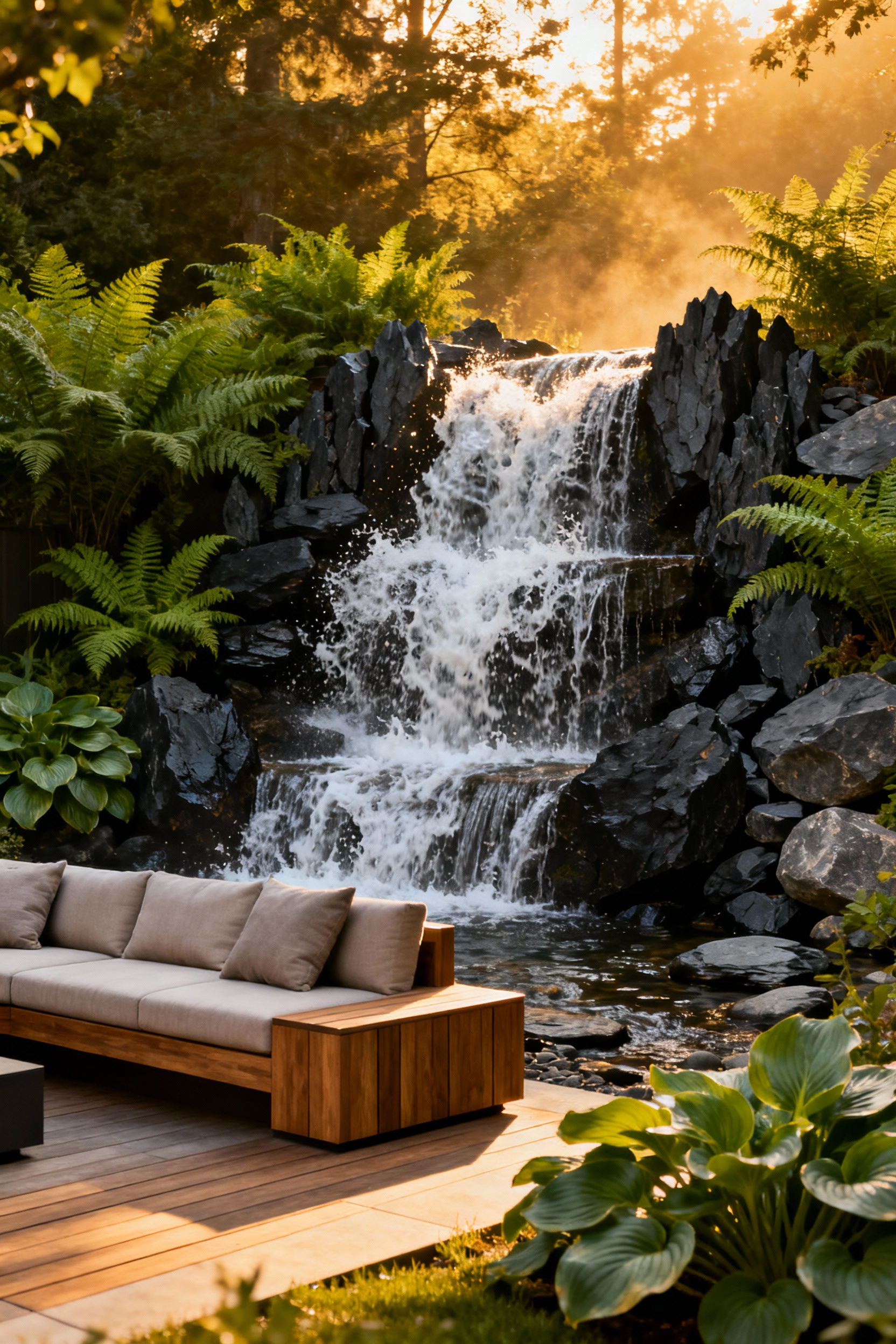 A serene backyard seating area featuring a highly turbulent, multi-tiered water feature built from jagged rocks designed strategically to generate pink noise and mask neighborhood sounds.