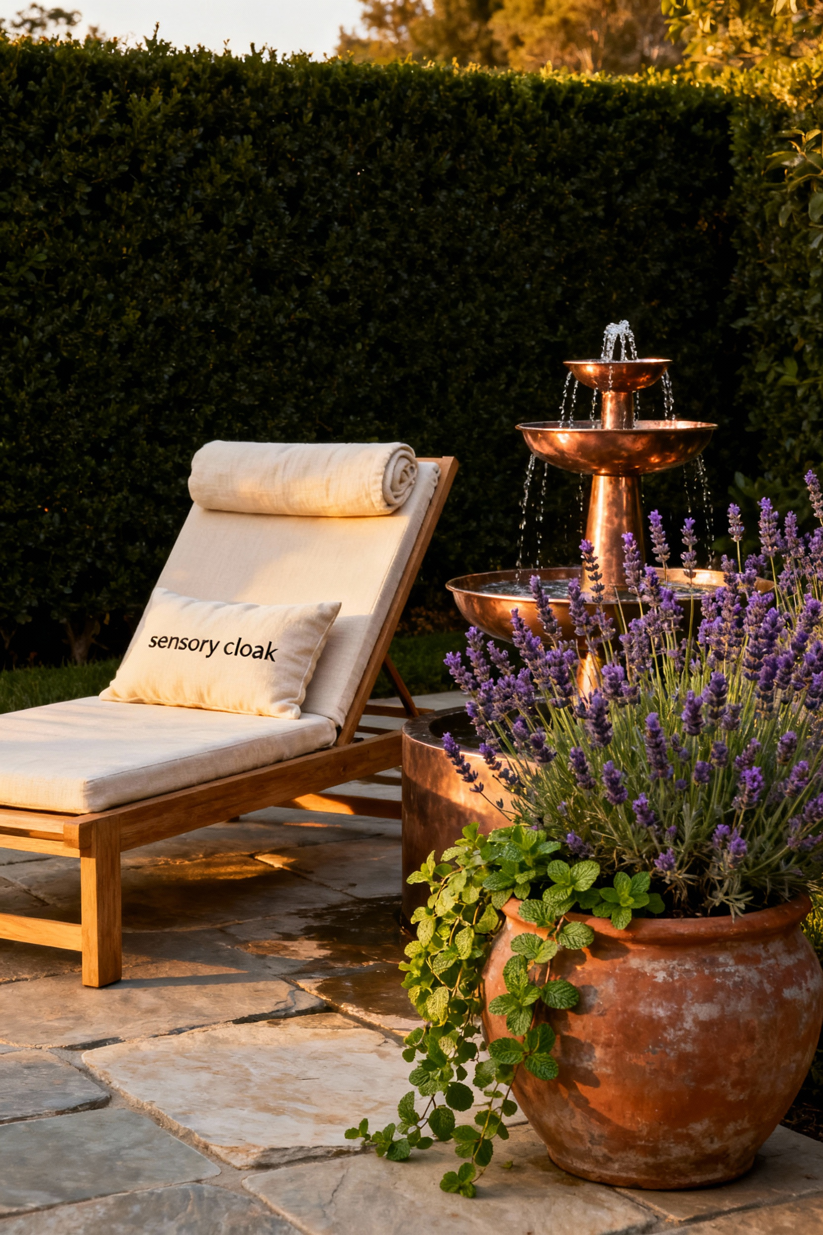 A peaceful back yard seating area designed for stress relief, featuring a comfortable teak lounge chair, a trickling copper fountain, and large pots of blooming lavender and mint providing a sensory cloak against urban noise.