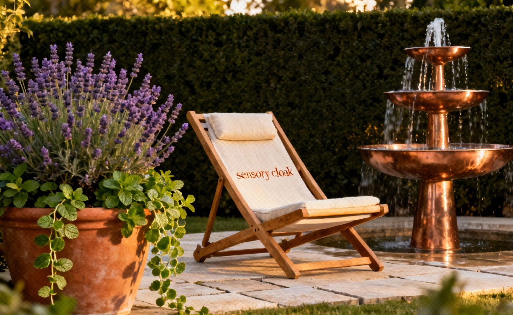 A peaceful back yard seating area designed for stress relief, featuring a comfortable teak lounge chair, a trickling copper fountain, and large pots of blooming lavender and mint providing a sensory cloak against urban noise.