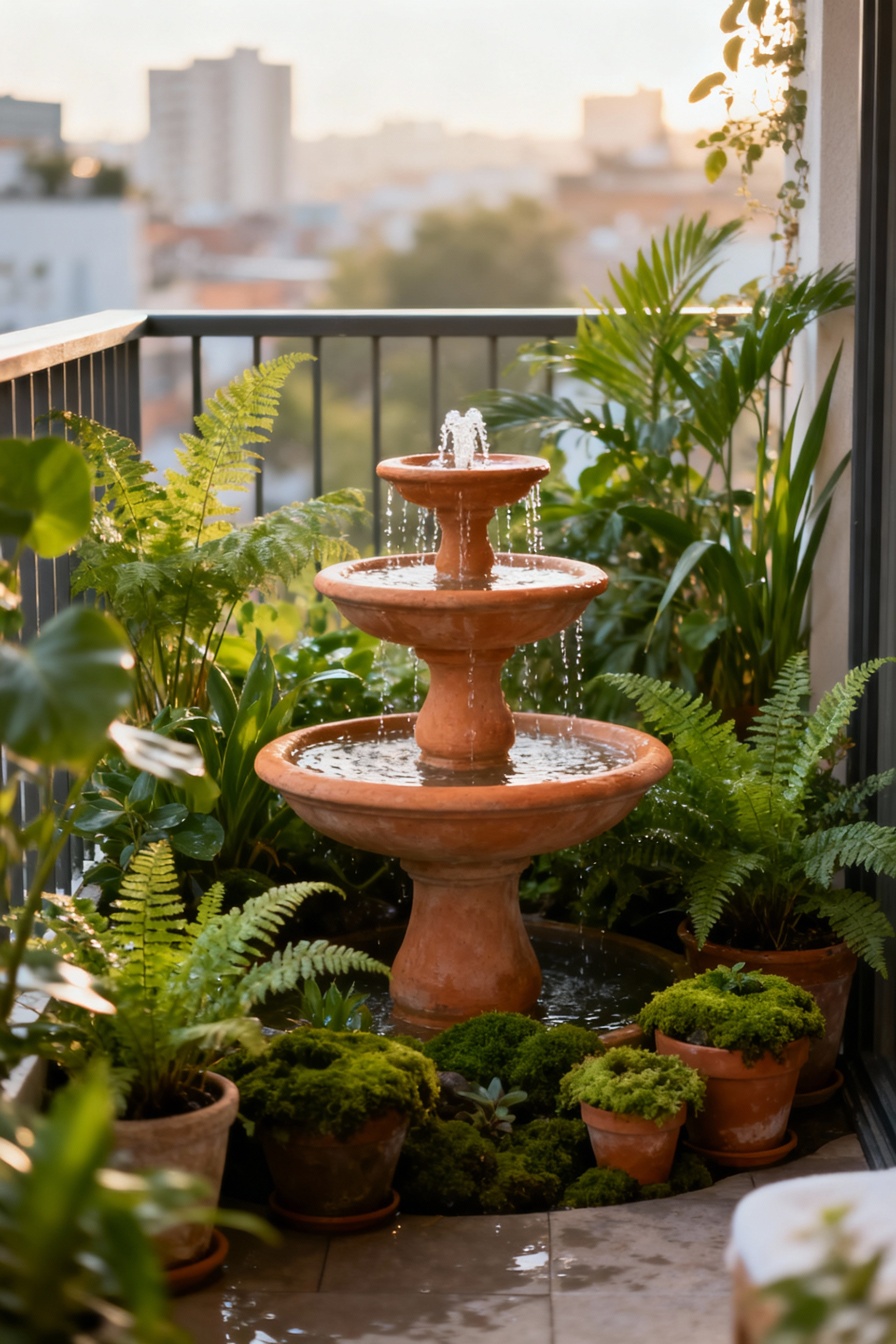 A small, multi-tiered terracotta water fountain nestled among lush green plants on an urban balcony, providing soothing auditory experiences.