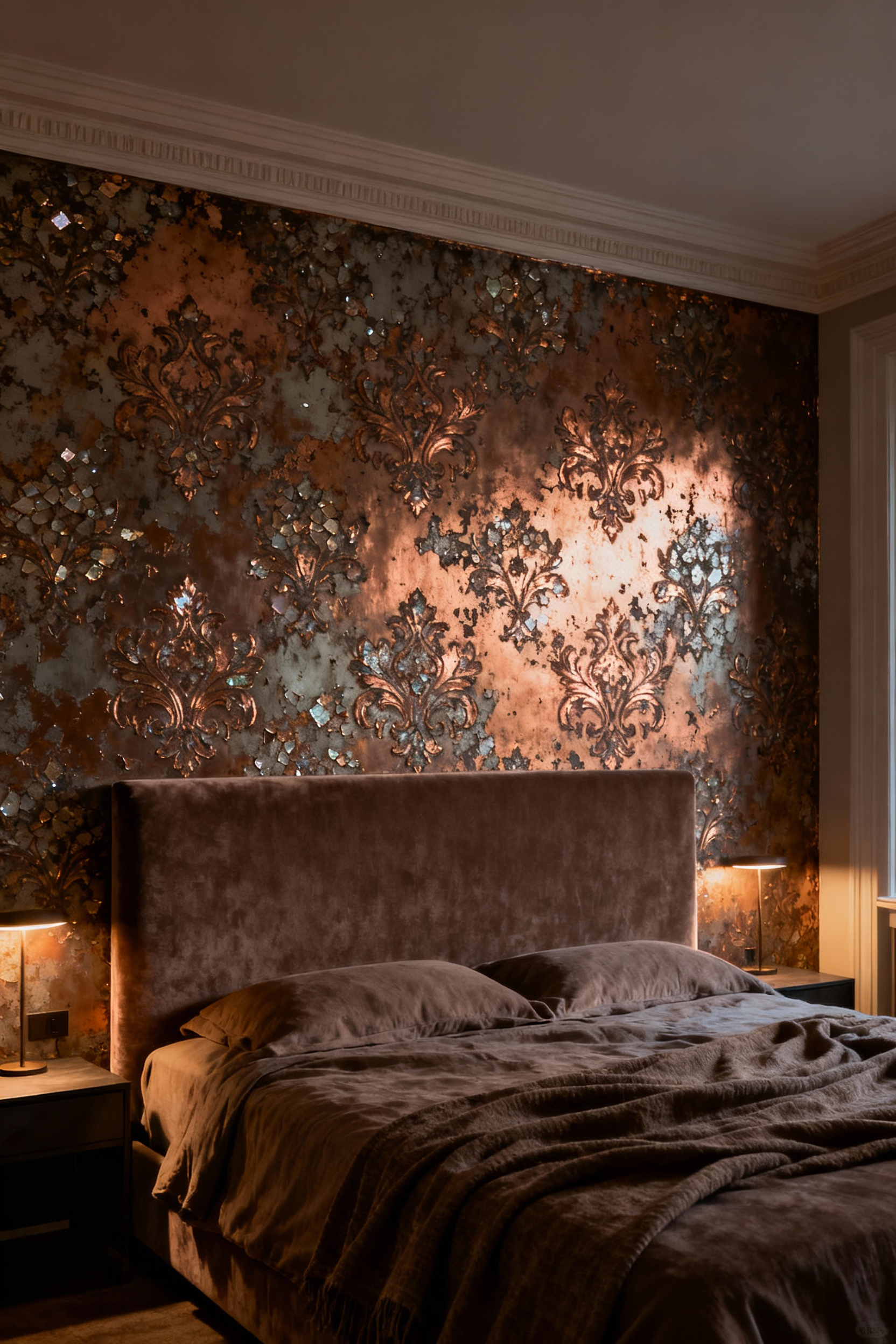 A luxury bedroom accent wall featuring distressed metallic damask wallpaper in antique gold and bronze tones, captured under intimate evening lighting to showcase the reflective texture.