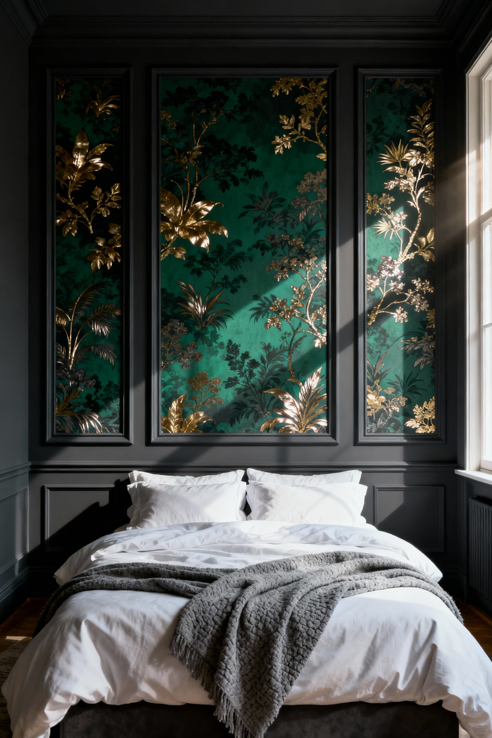 A luxurious bedroom featuring an accent wall where deep charcoal gray box molding frames three rectangular panels of bold green and gold chinoiserie wallpaper, creating a bespoke, hotel-like aesthetic.