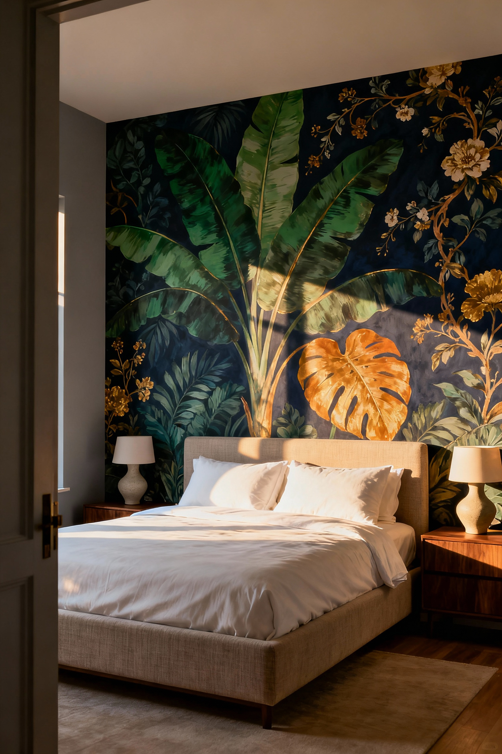A luxury bedroom features a dramatically oversized botanical wallpaper mural on the accent wall behind a king-sized bed. The large-scale pattern uses deep emerald green and indigo motifs, successfully making the sophisticated room feel expansive and anchored.