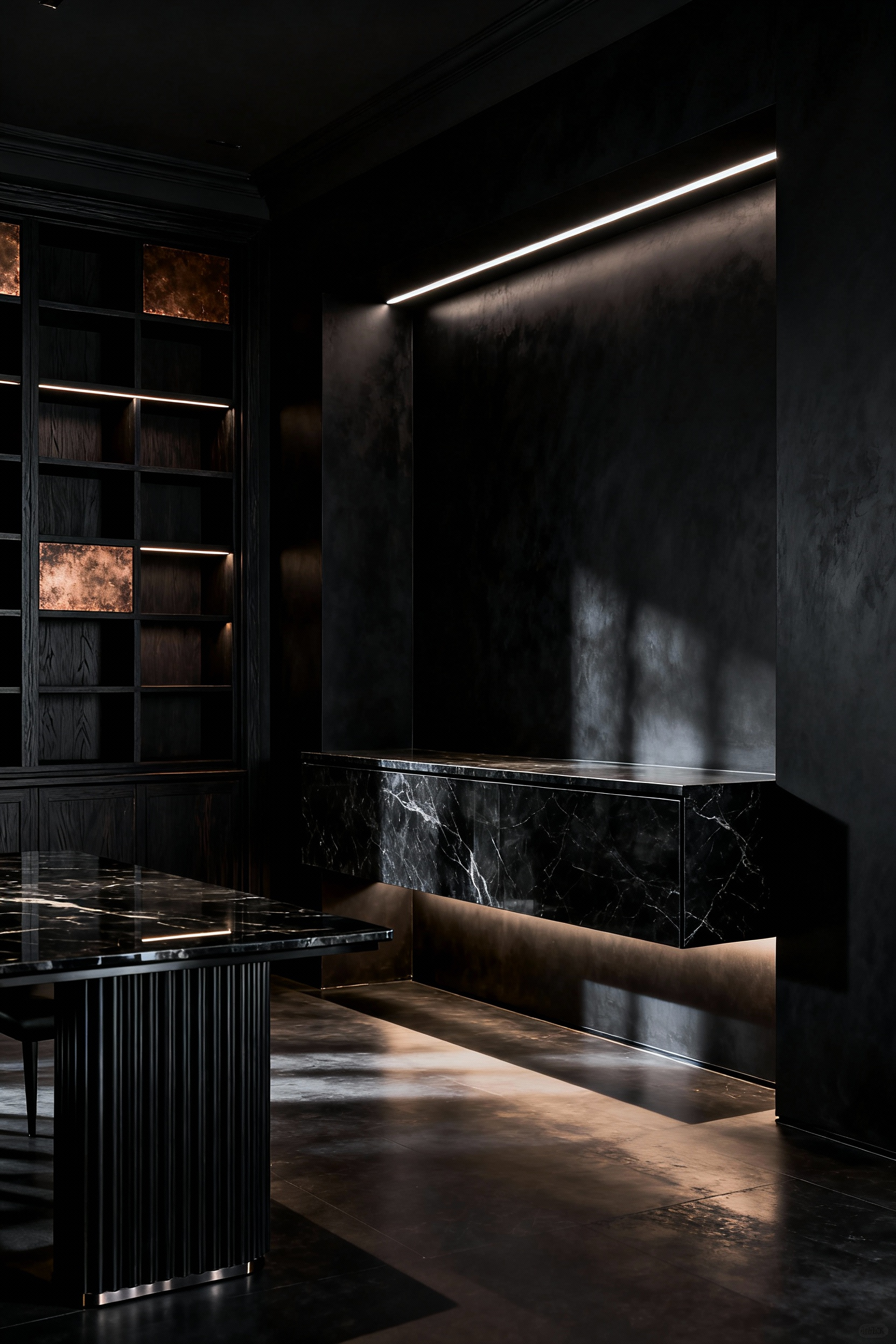 An elegantly designed black dining room featuring a bespoke ebonized oak built-in library wall with recessed lighting and a sophisticated dark marble credenza, creating a dramatic, luxurious and functional architectural space.