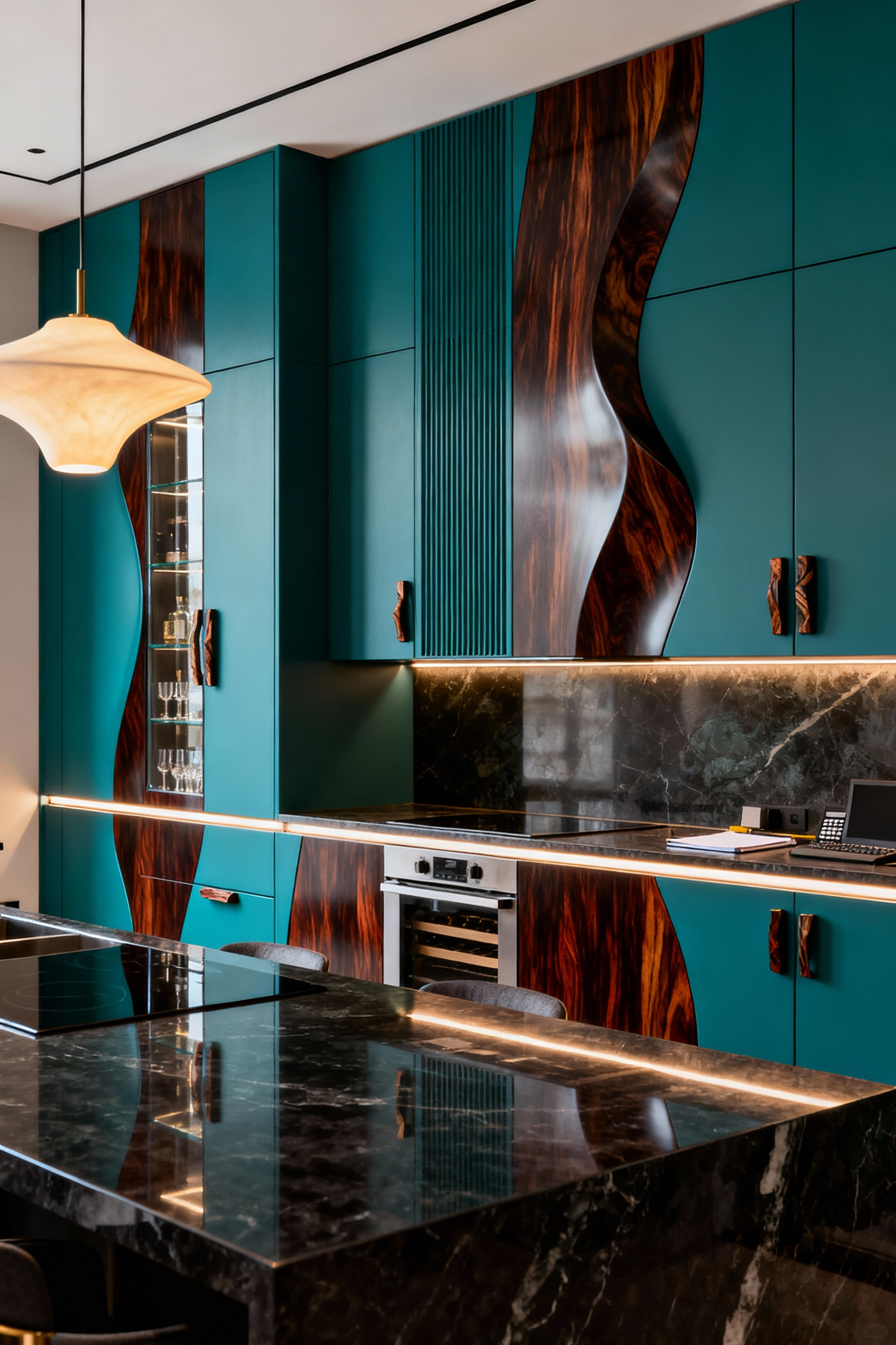 Modern luxury kitchen featuring custom deep teal lacquered and Macassar Ebony bespoke cabinetry, integrated appliances, elegant pendant lighting, and polished dark stone countertops, showcasing ultimate function and form.
