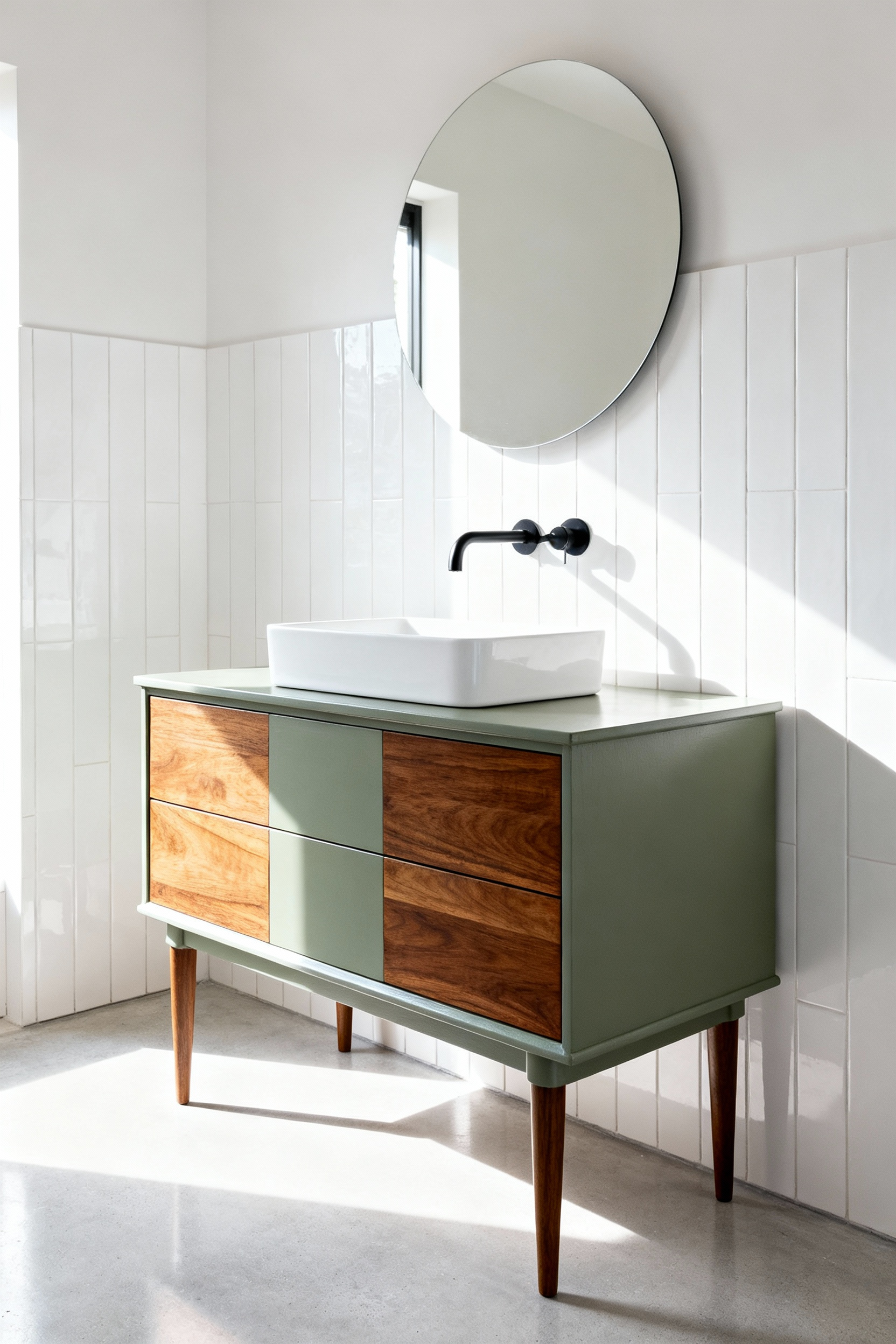 Upcycled mid-century walnut dresser painted sage green serving as a bespoke bathroom vanity with a white vessel sink and matte black faucet.