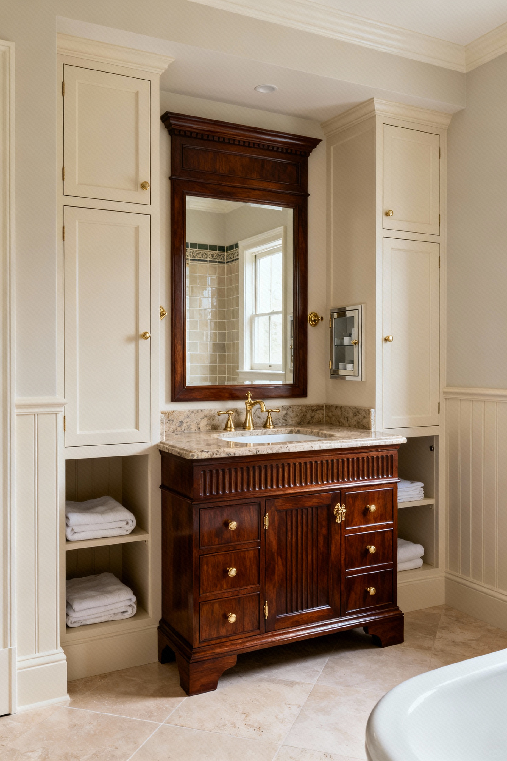 Elegant traditional bathroom featuring custom bespoke storage solutions, including a sophisticated vanity with hidden compartments and built-in linen cabinets integrated seamlessly into wall paneling, maintaining a timeless aesthetic.
