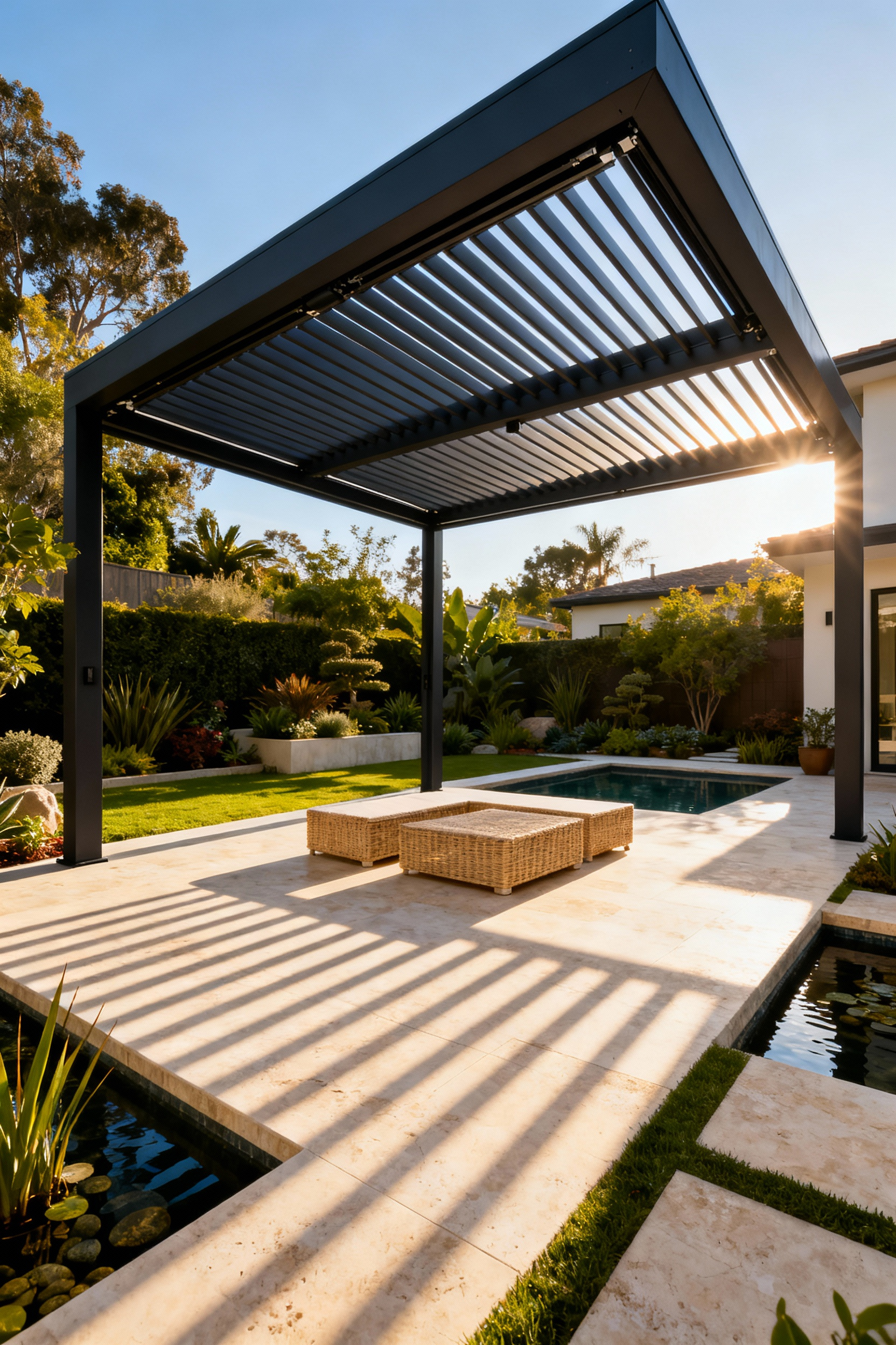 Modern dark gray bioclimatic pergola structure with angled louvers casting striped shadows over a luxury patio, illustrating dynamic sun management and optimized airflow in a back yard design.