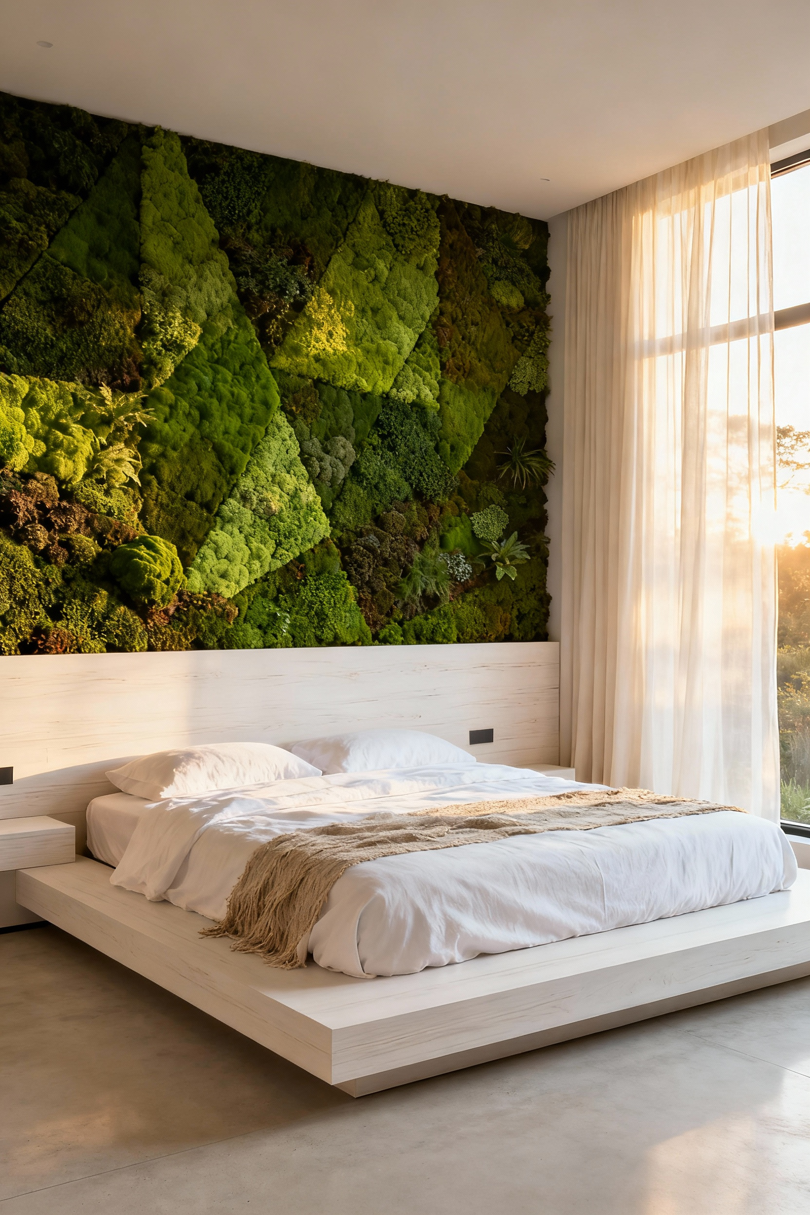 A high-end biophilic bedroom featuring a preserved moss wall installation that acts as the focal point behind a minimalist wooden headboard. Soft morning light streams through sheer curtains, emphasizing the green aesthetic and clean, open floor space.