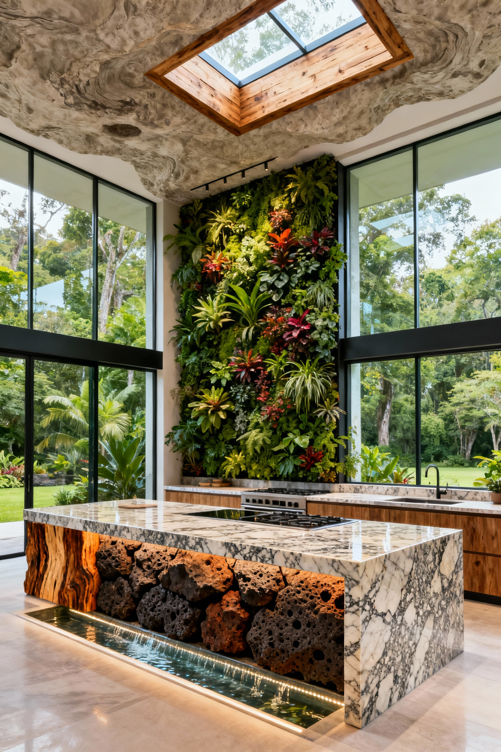 A modern luxury kitchen designed with biophilic principles, featuring a vibrant living wall, expansive glass windows, an island with polished marble and petrified wood, and an integrated water feature, promoting wellness and tranquility.