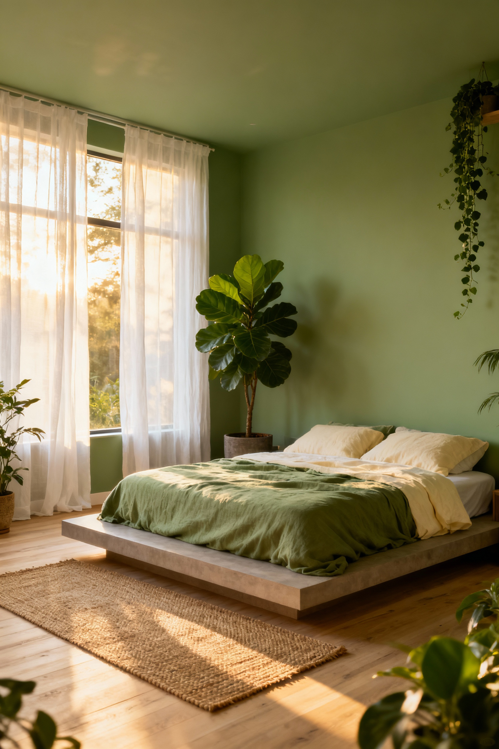 A bright, biophilic green bedroom featuring sheer white curtains that maximize diffused natural light, emphasizing a layout designed to regulate circadian rhythms and reduce stress.