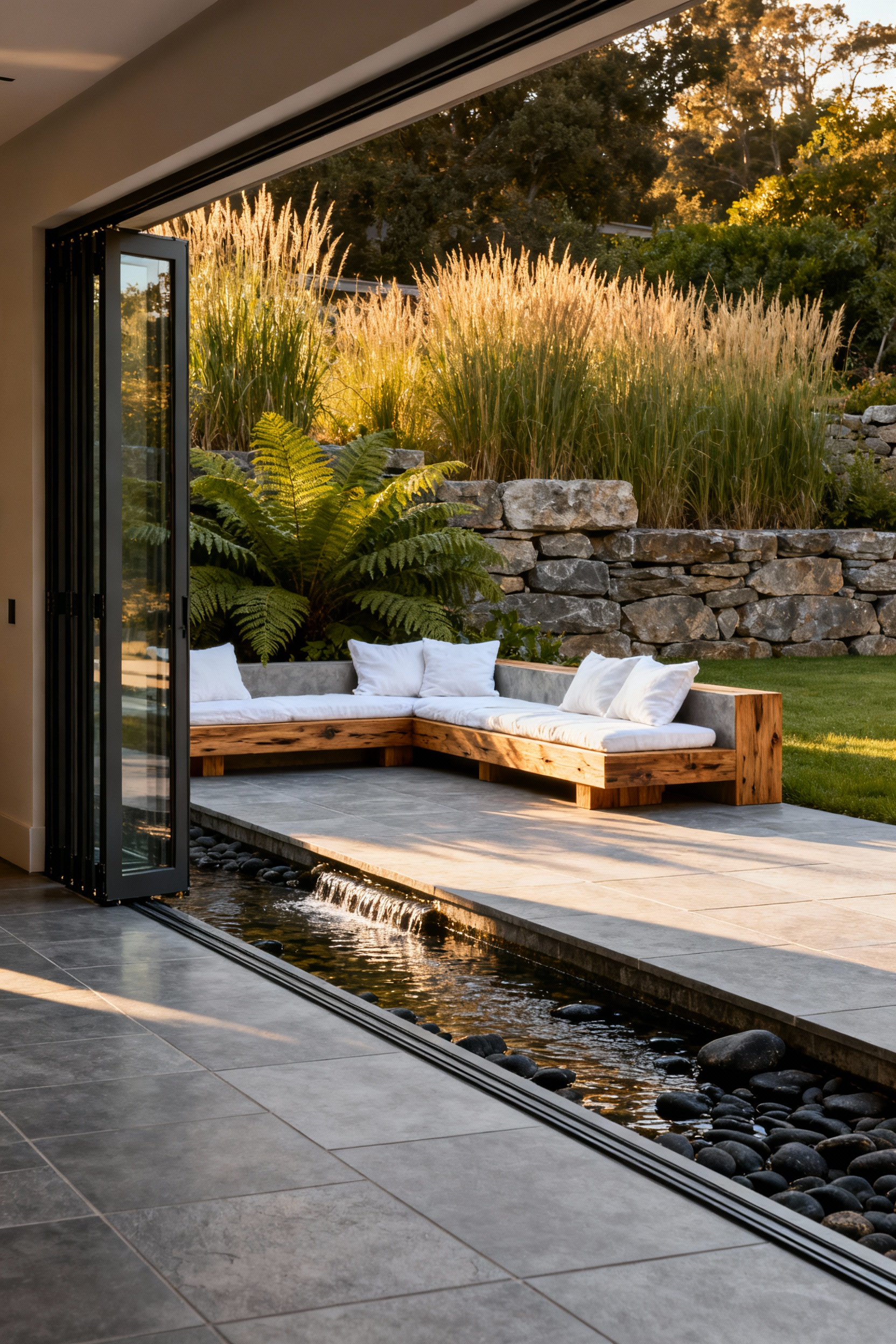 Seamless biophilic back yard design featuring fully open glass doors, identical stone flooring extending from inside to the patio, raw cedar furniture, and a tranquil water feature surrounded by lush natural ferns and grasses under warm golden hour light.