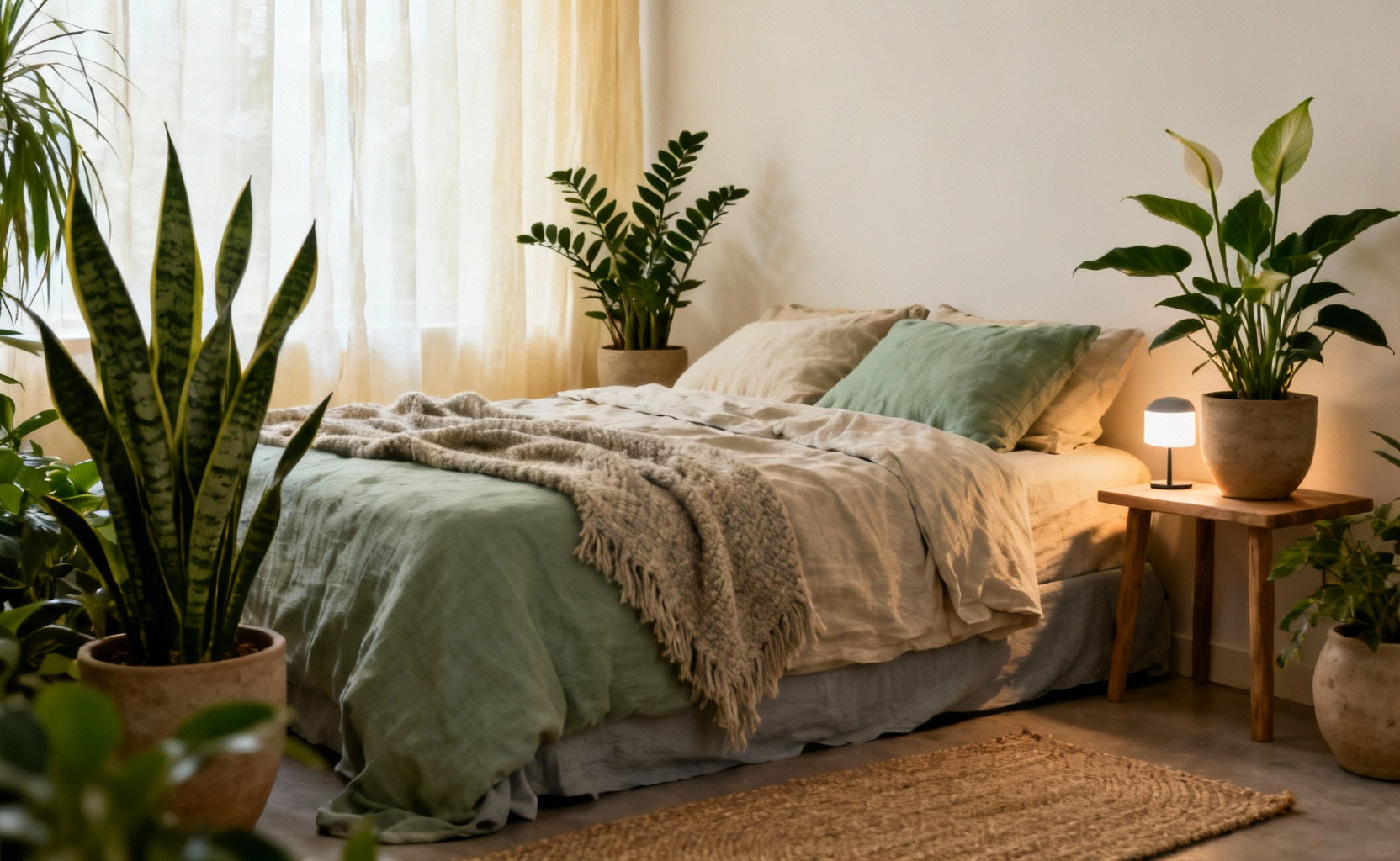 A serene bedroom featuring biophilic integration with a bed dressed in natural linen, several lush green plants in ceramic pots, a wooden bedside table, and soft, warm lighting, evoking a sense of tranquility and connection to nature.