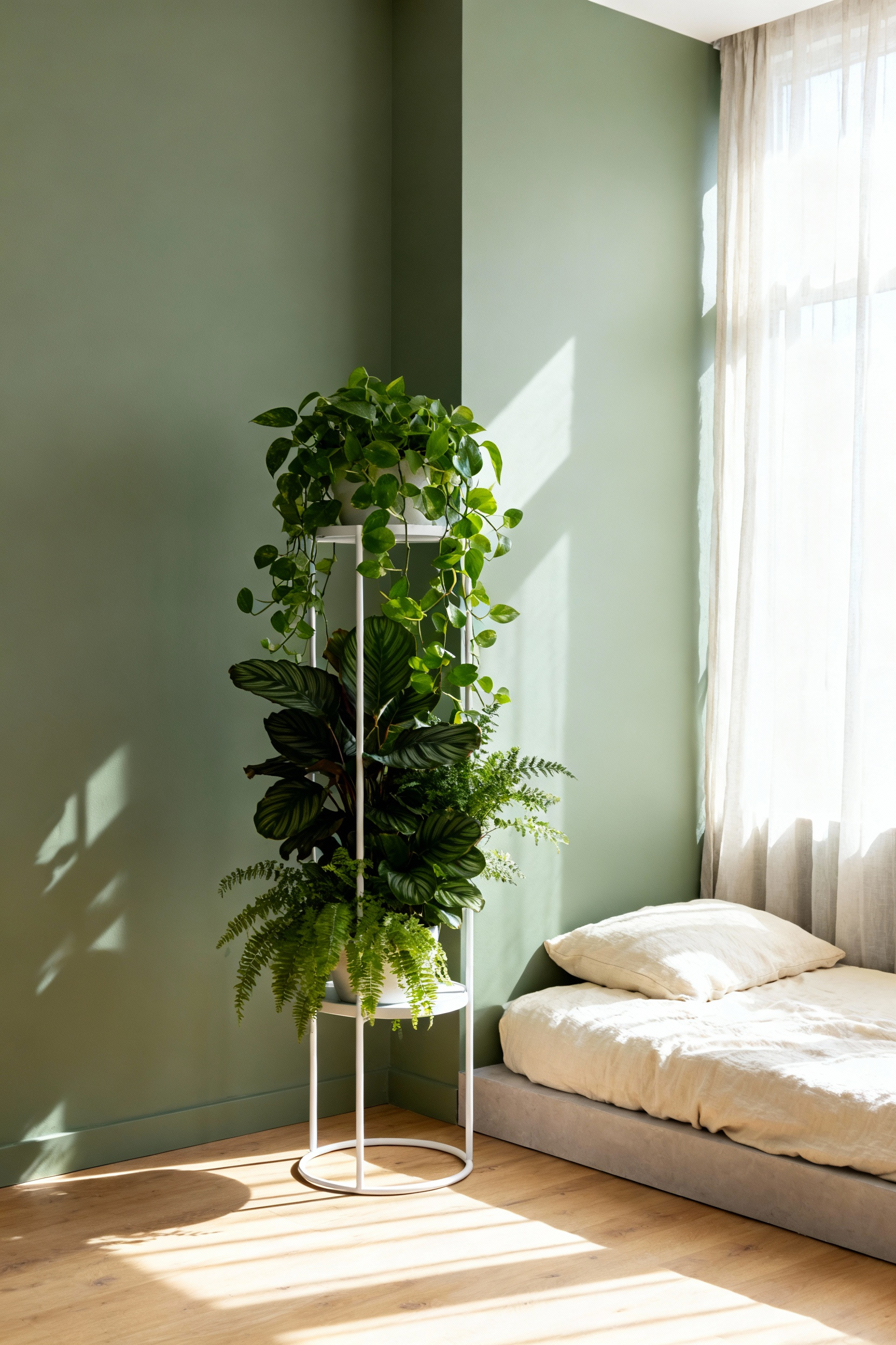 Serene green bedroom corner showing biophilic design principles with lush tiered plants balanced by significant empty white space for visual clarity and restoration.