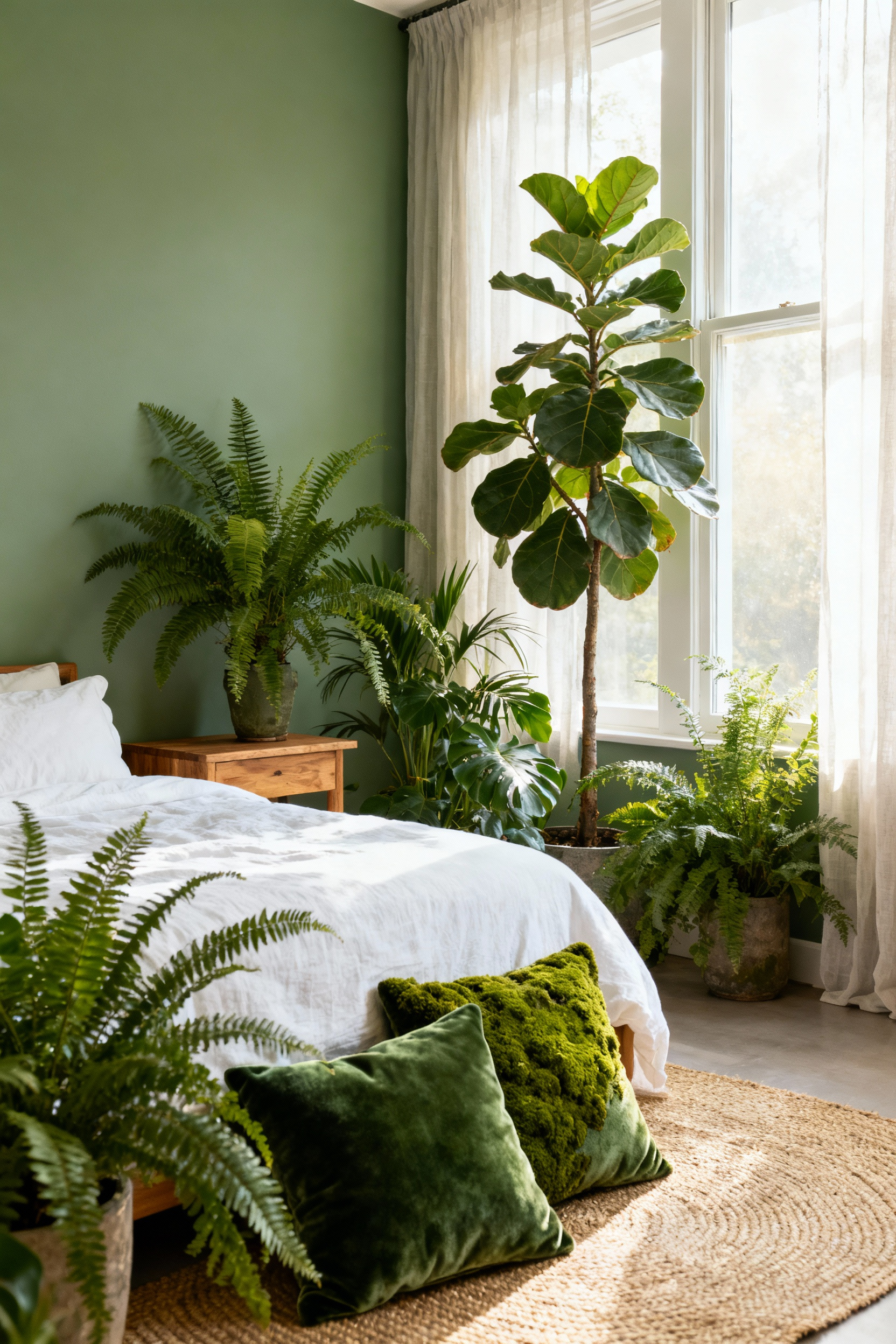 A serene bedroom featuring sage green walls, organic white bedding, natural wood furniture, and abundant indoor plants, illustrating a restful biophilic design aesthetic.