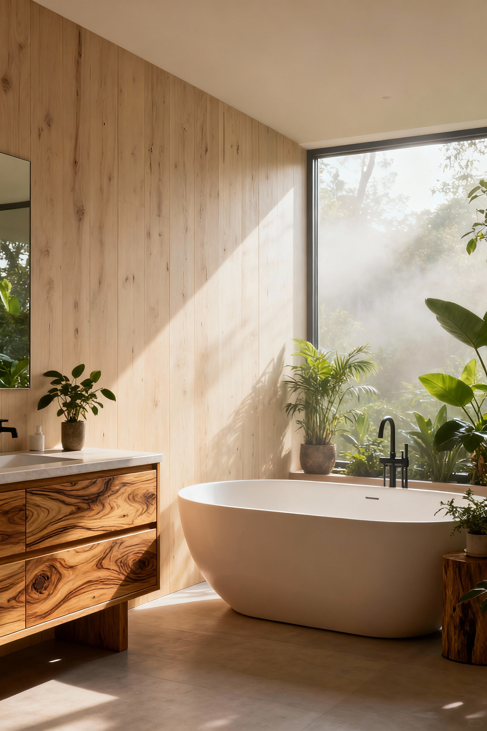 A serene biophilic bathroom featuring extensive natural wood paneling, a modern soaking tub bathed in natural light, and lush green plants creating a calming, restorative atmosphere.