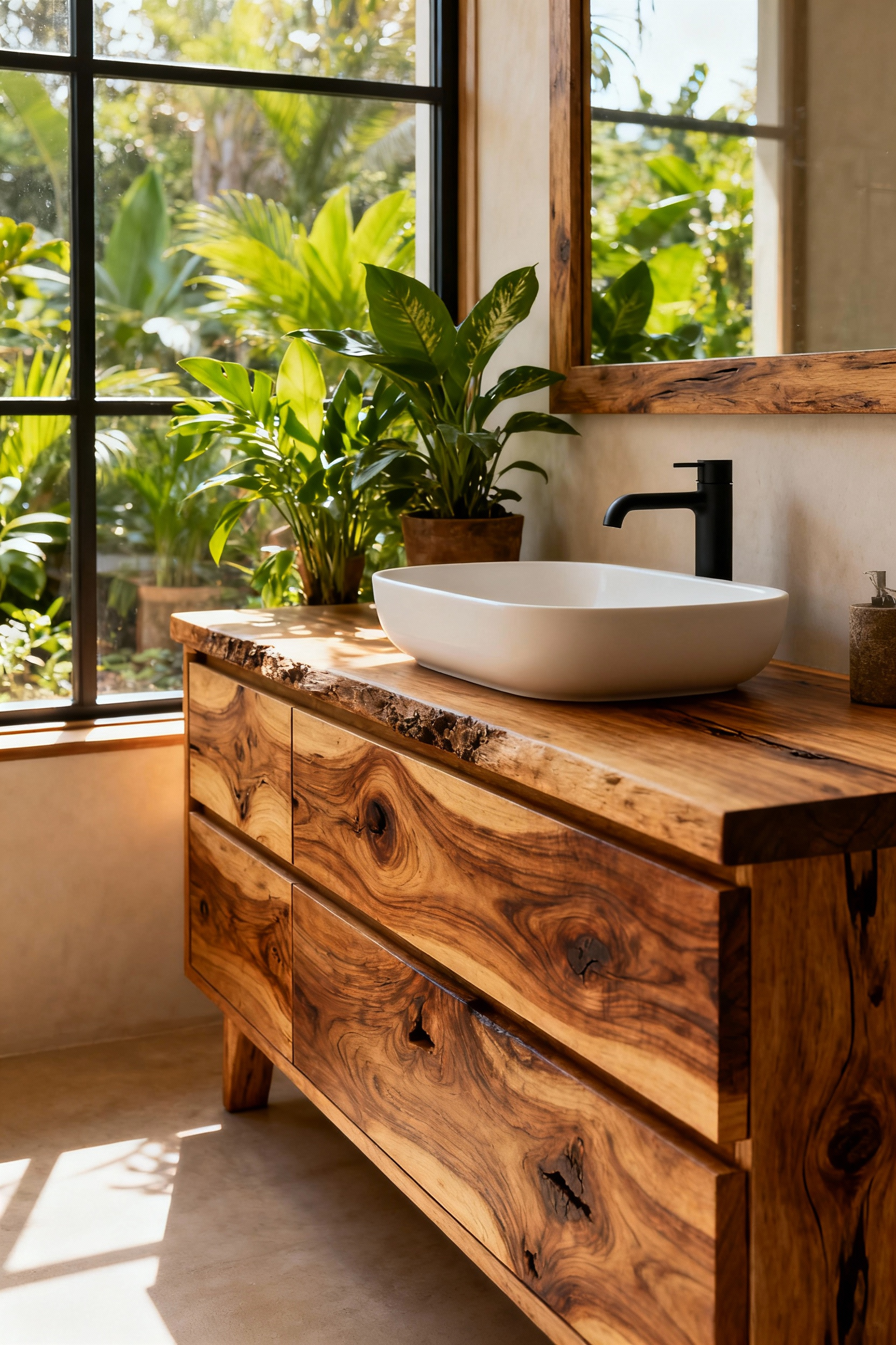 Serene wooden bathroom interior with custom bioregionally sourced timber vanity and biophilic elements, warm natural light.