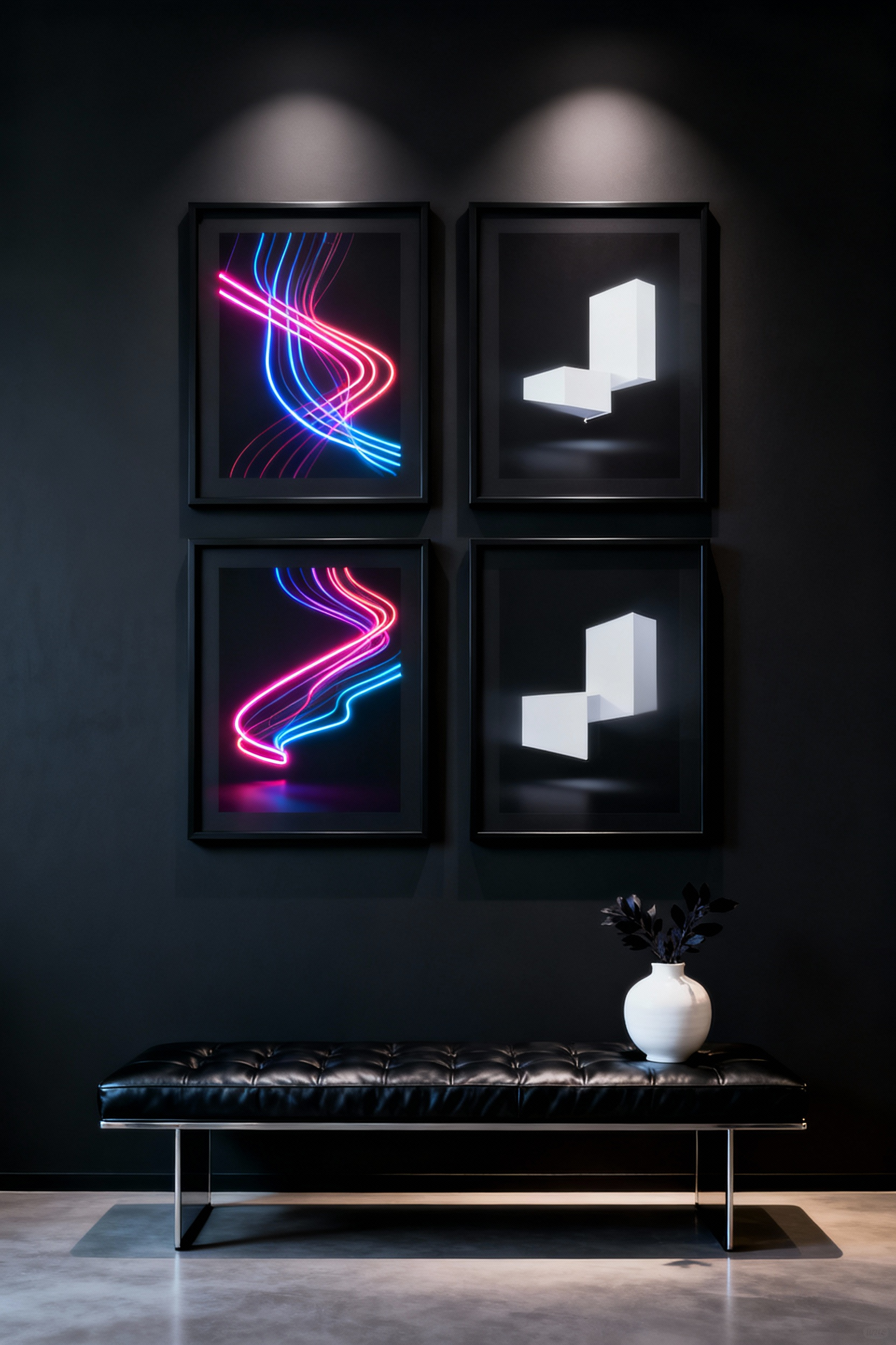 A dramatic black bedroom inspiration scene showcasing a high-contrast gallery wall where art, framed in seamless matte black, appears to float against a charcoal wall backdrop, illustrating the 'ghosting effect.'
