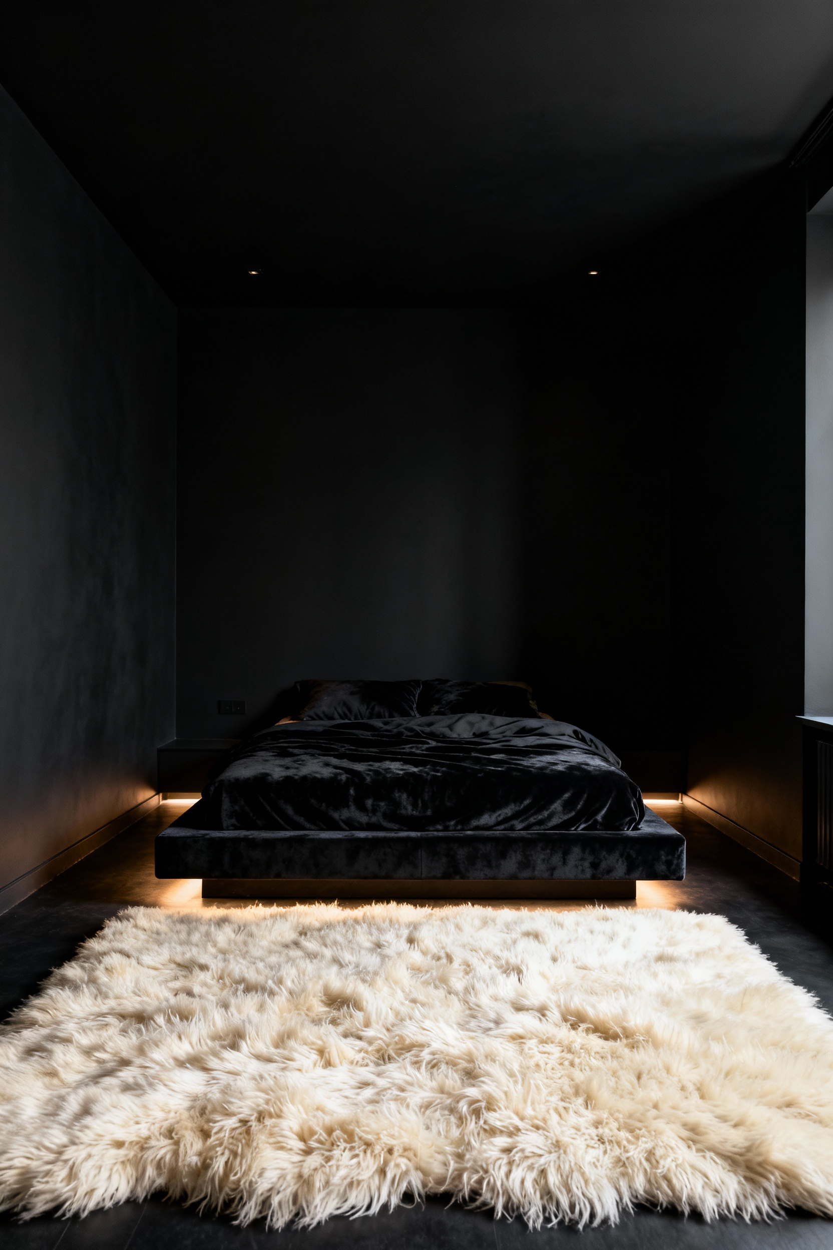A large, dense, high-pile off-white shag rug anchoring a moody, luxurious matte black bedroom with low-profile platform bed, illustrating how texture grounds the space and dampens sound.