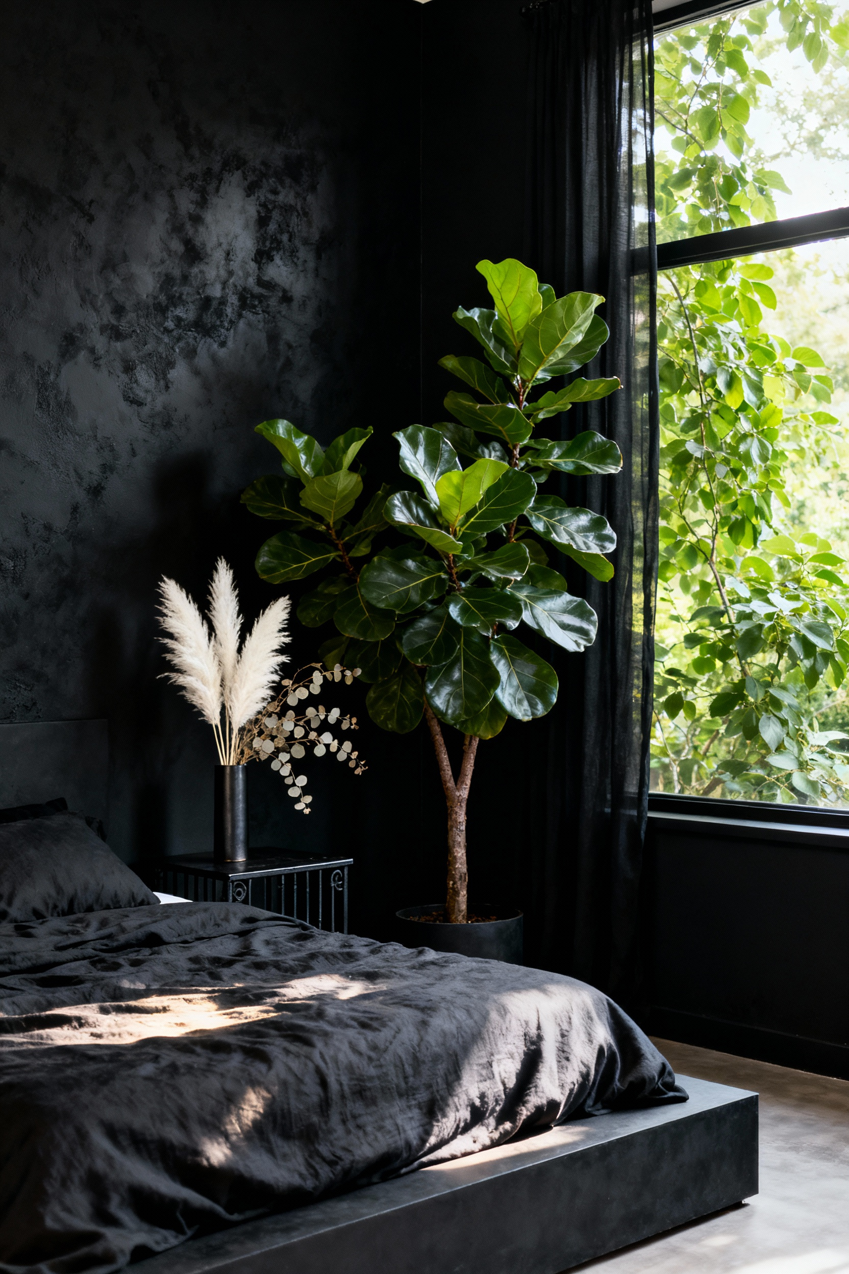 Full-scene photograph of a luxurious matte black bedroom with intense organic contrast, featuring a large, deep green Fiddle-Leaf Fig tree against the dark wall, complemented by bleached dried florals and soft natural light.