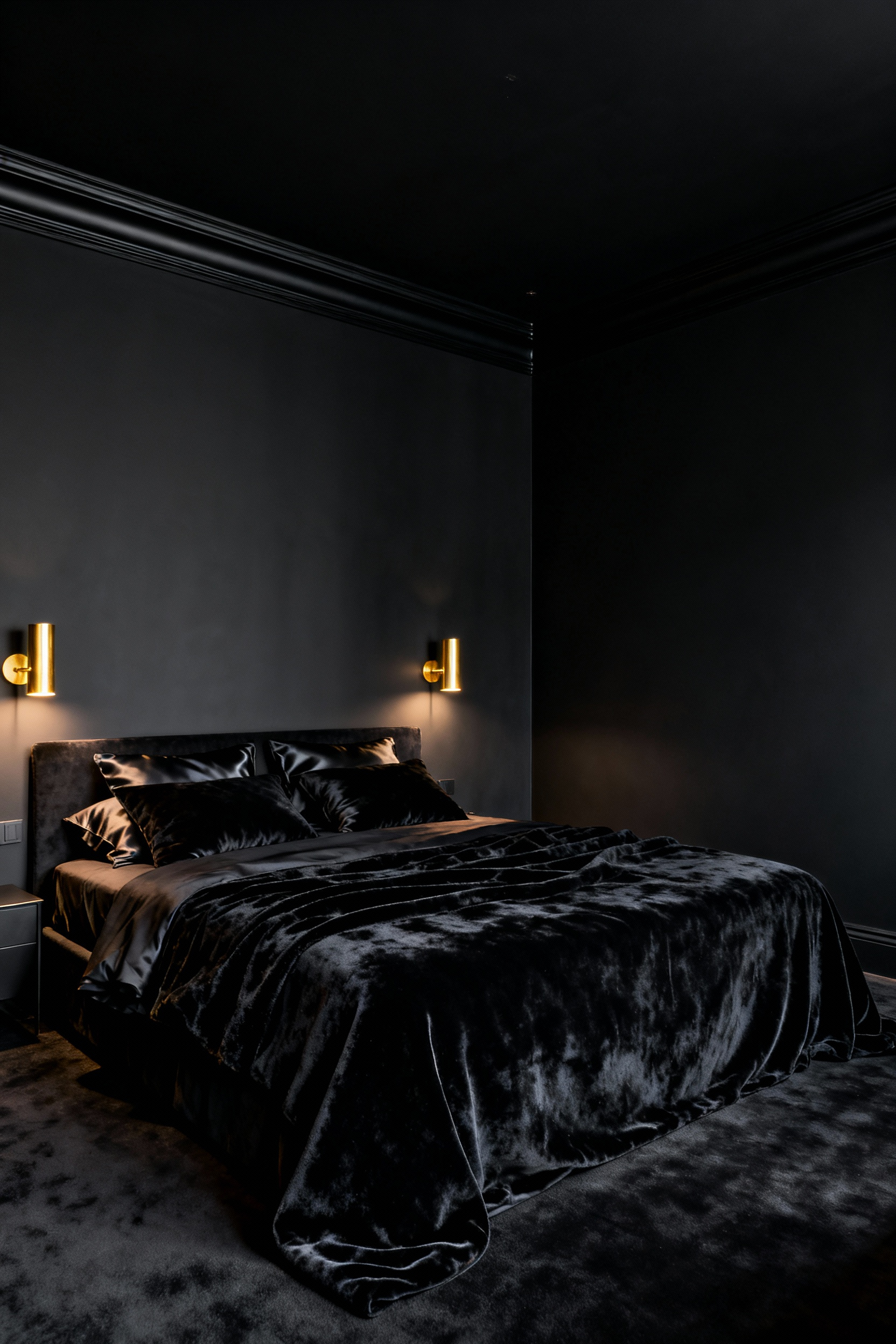 A luxurious modern bedroom featuring a black ultra-matte ceiling, blending the crown molding and charcoal walls to create a deep, light-absorbing, cocooning sanctuary aesthetic.